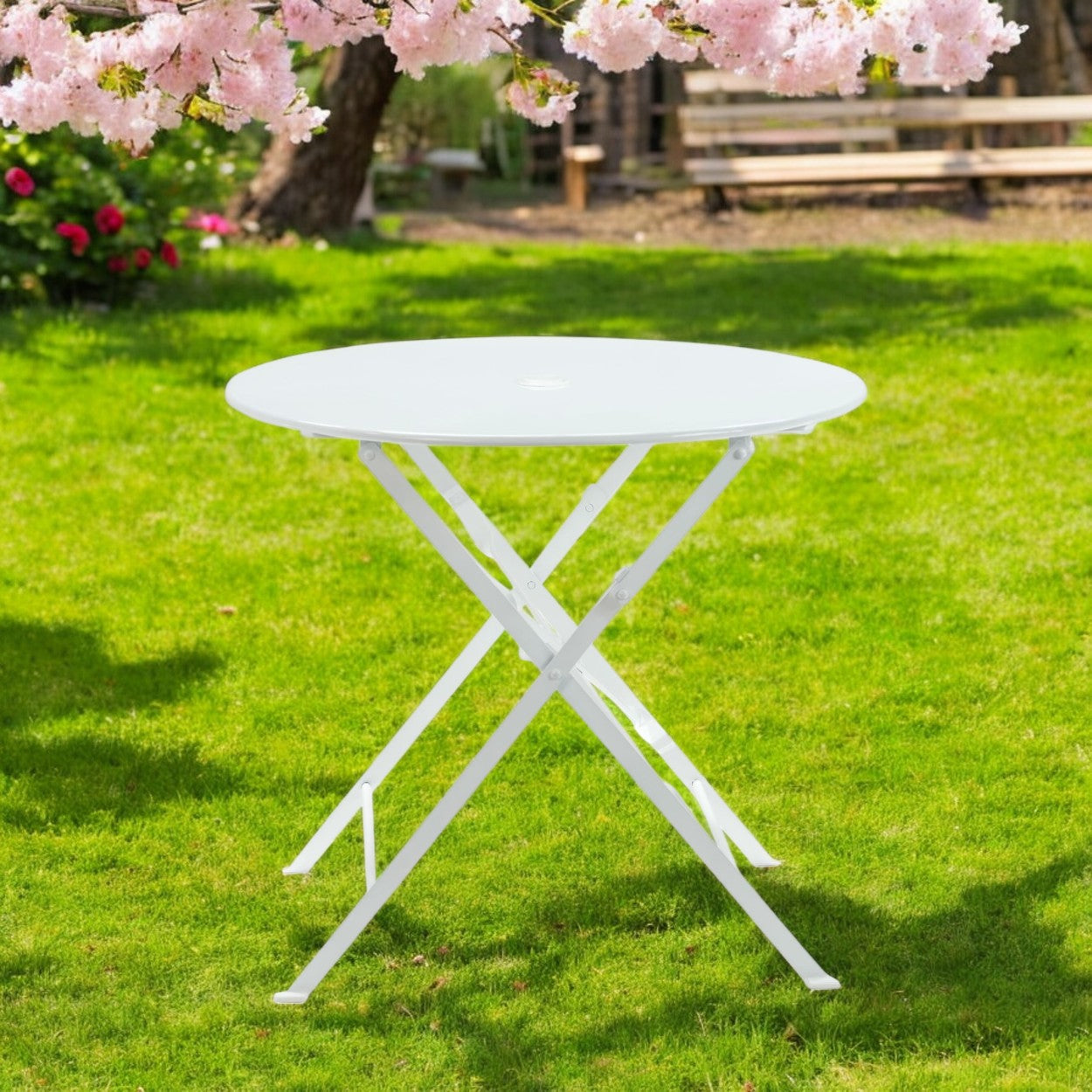 30" White Rounded Aluminum Folding Outdoor Bistro Table with Umbrella Hole-Outdoor Tables-DECOROLALA