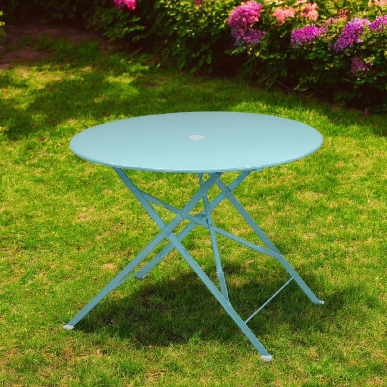 36" Aqua Rounded Aluminum Folding Outdoor Dining Table with Umbrella Hole-Outdoor Tables-DECOROLALA