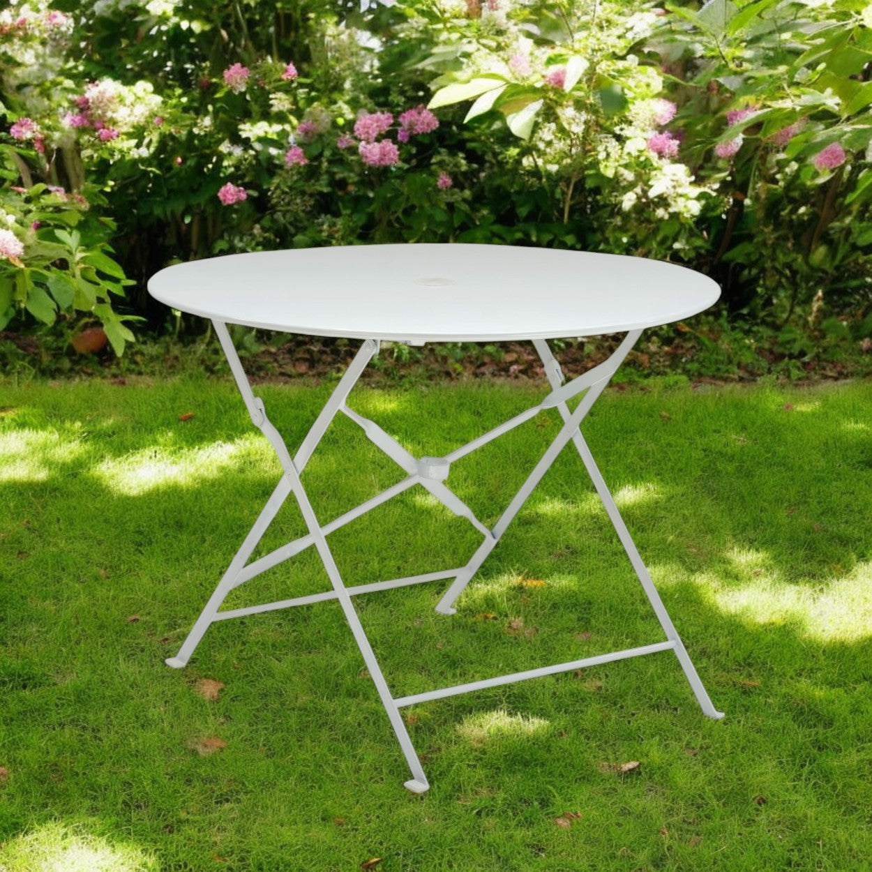 36" White Rounded Aluminum Folding Outdoor Dining Table with Umbrella Hole-Outdoor Tables-DECOROLALA