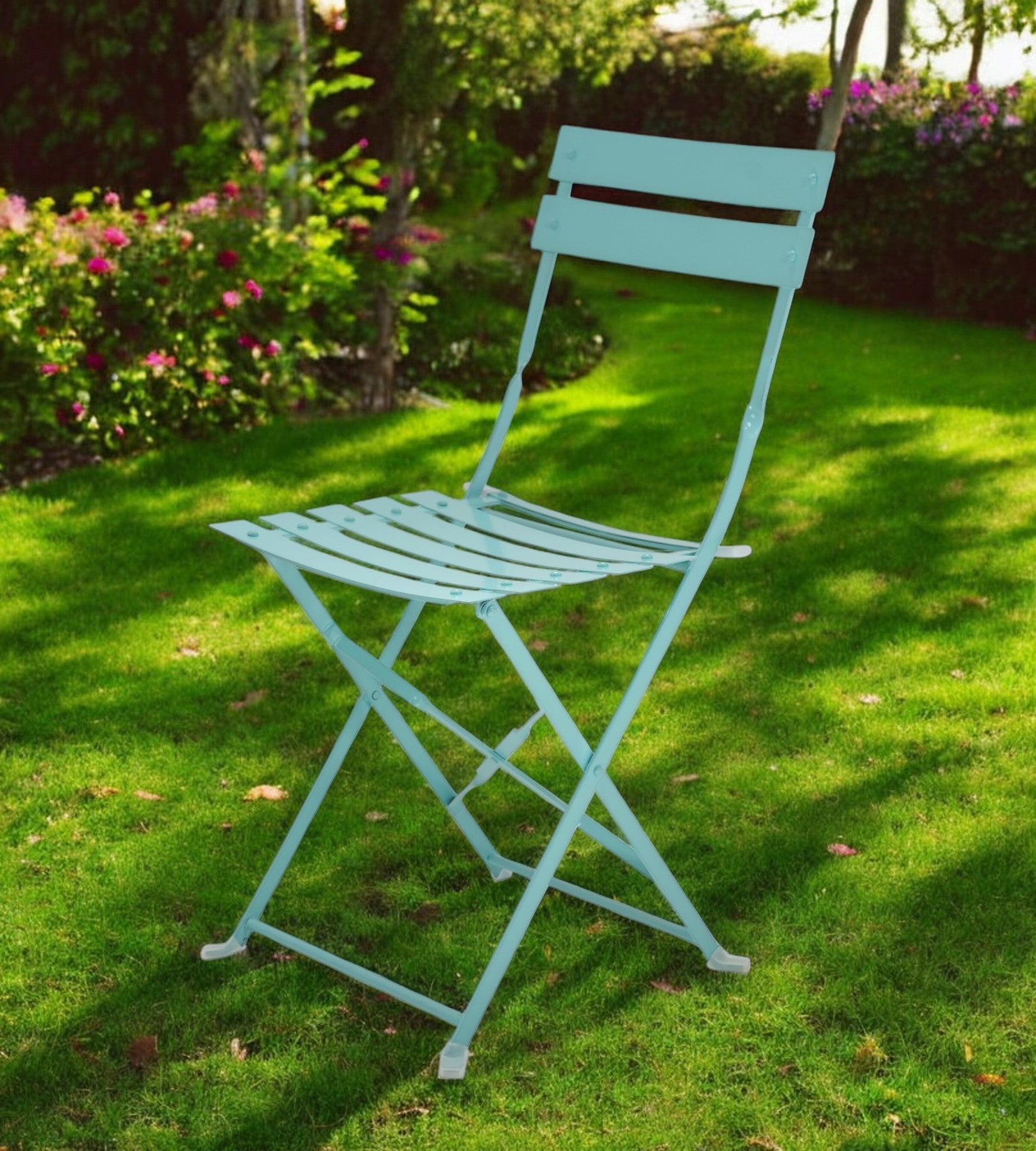 Set of Two Teal Blue Aluminum Outdoor Folding Dining Chairs-Outdoor Chairs-DECOROLALA