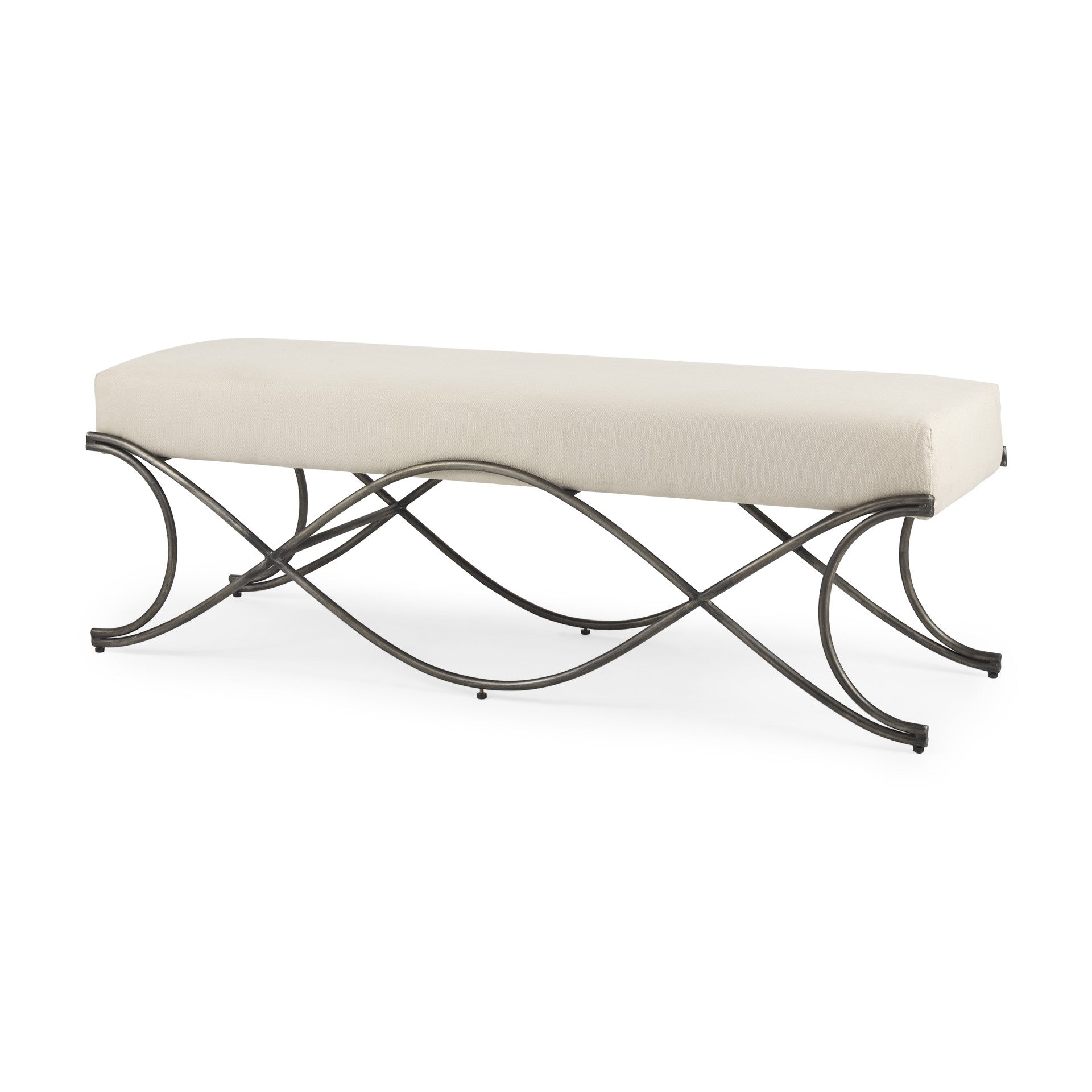 55" Cream and Nickel Fabric and Metal Upholstered Bench-Benches-DECOROLALA
