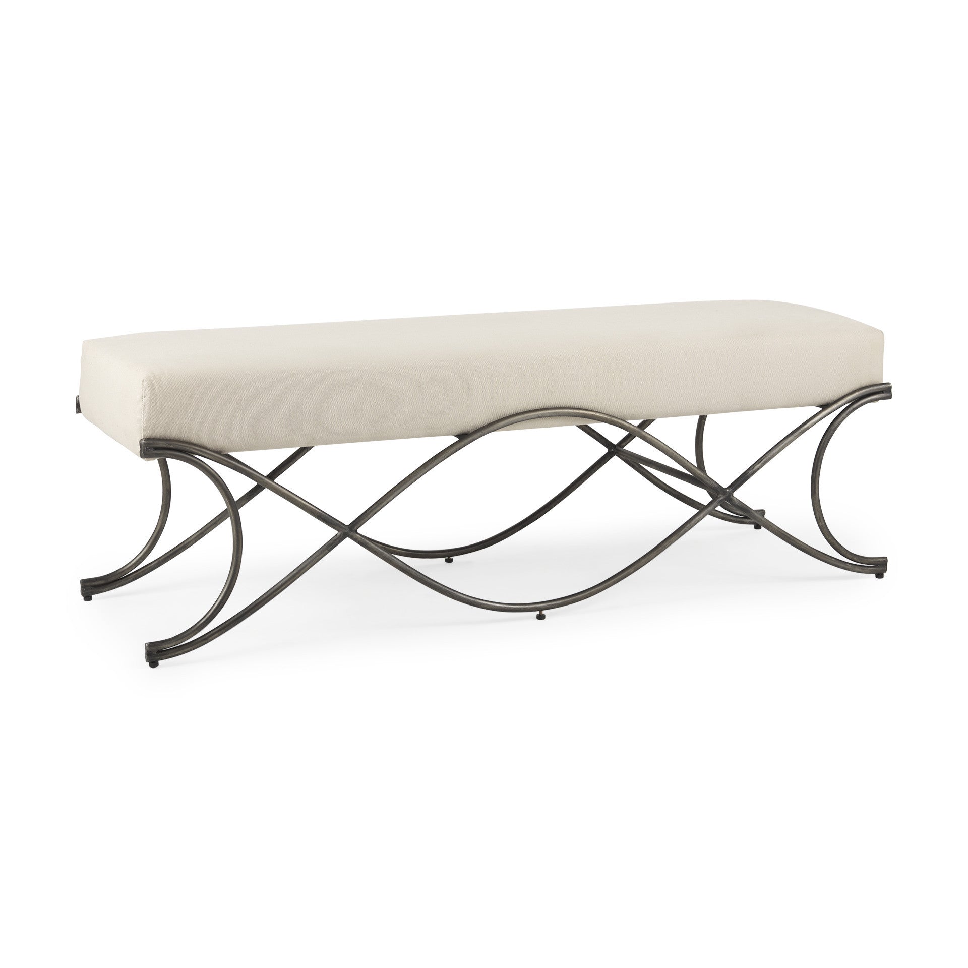 55" Cream and Nickel Fabric and Metal Upholstered Bench-Benches-DECOROLALA