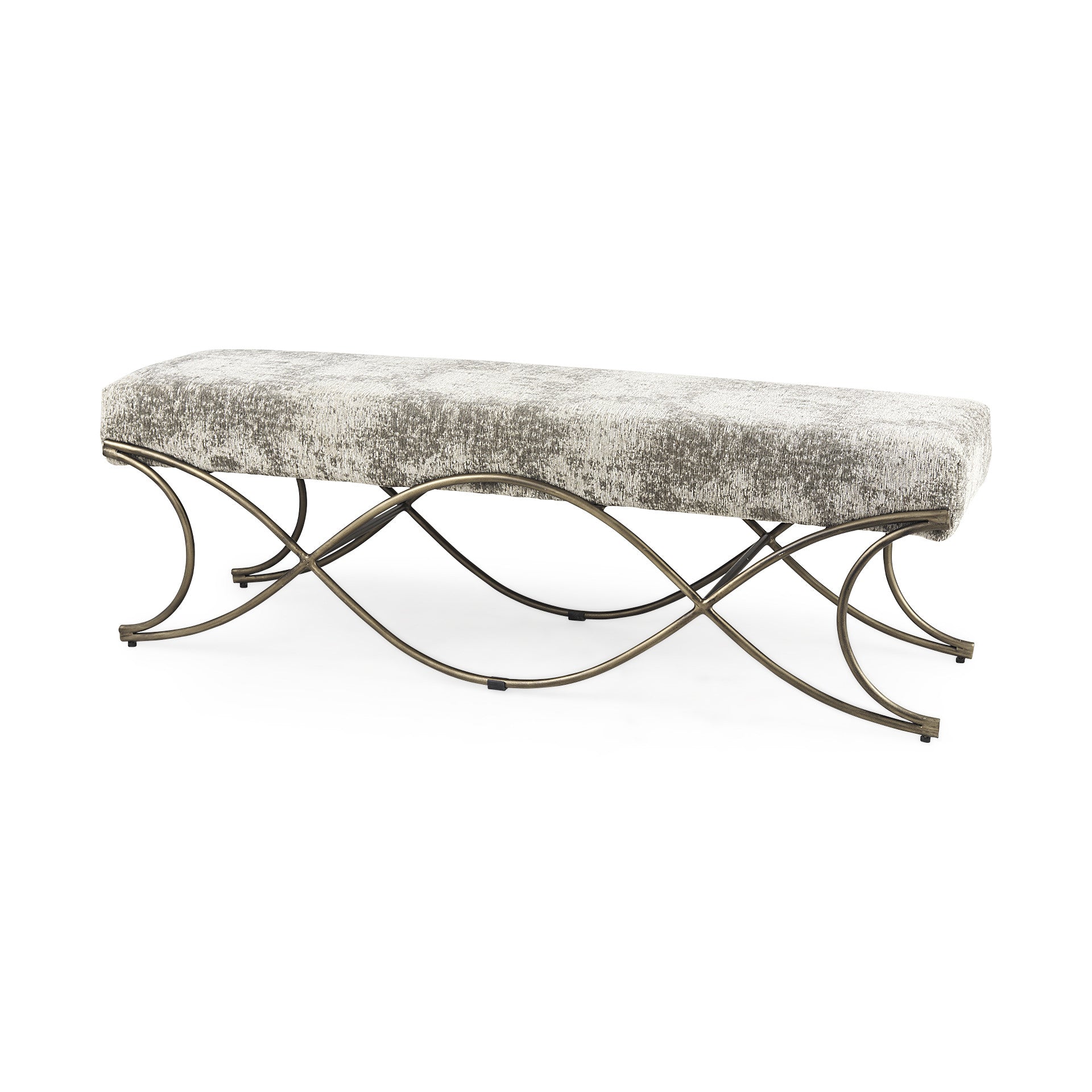 55" Gray and Gold Chenille and Metal Upholstered Bench-Benches-DECOROLALA