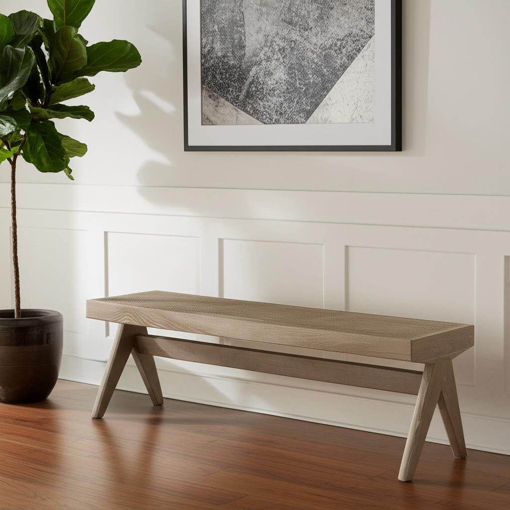59" Brown Cane And Solid Wood Bench-Benches-DECOROLALA