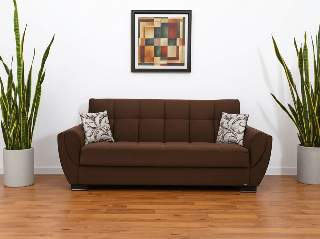 93" Brown Microfiber Convertible Futon Sleeper Sofa And Toss Pillows With Storage-0