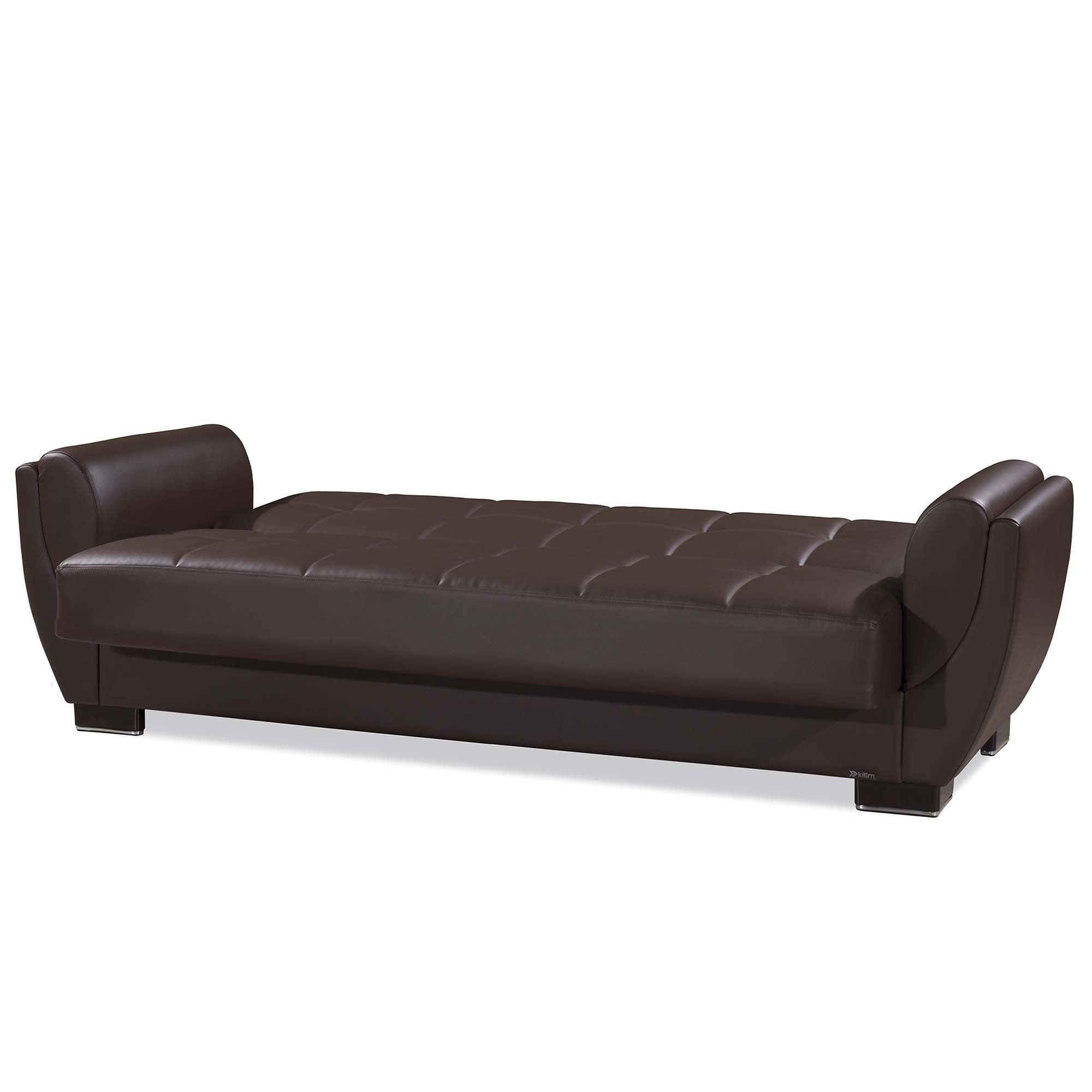93" Brown Faux Leather Convertible Futon Sleeper Sofa And Toss Pillows With Storage-3