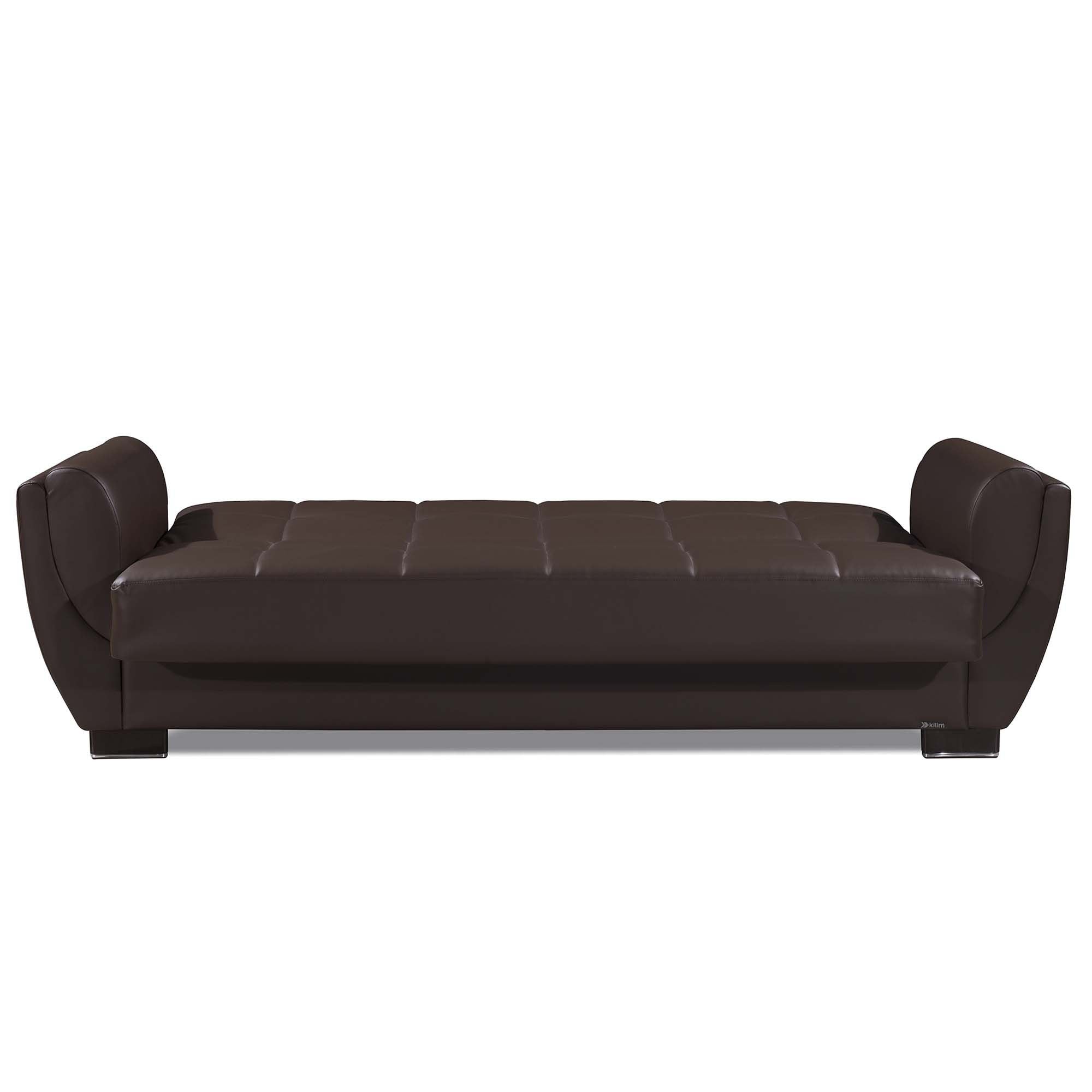 93" Brown Faux Leather Convertible Futon Sleeper Sofa And Toss Pillows With Storage-6