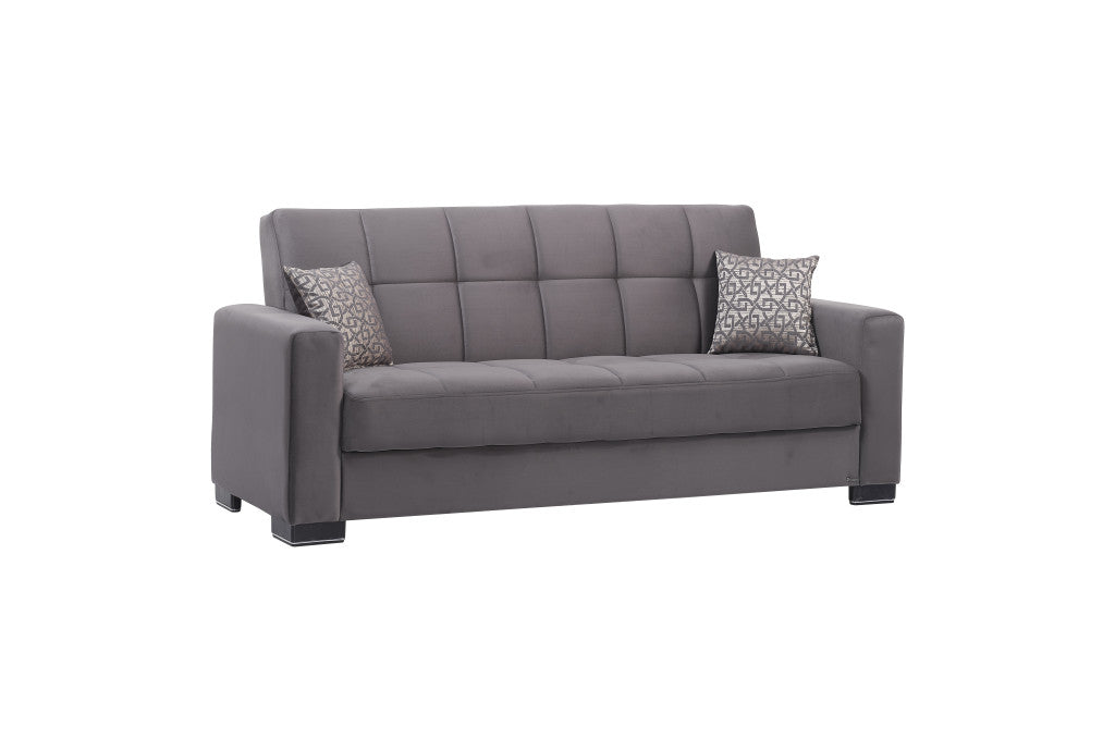 87" Gray Microfiber Convertible Futon Sleeper Sofa And Toss Pillows With Storage-Sofas-DECOROLALA