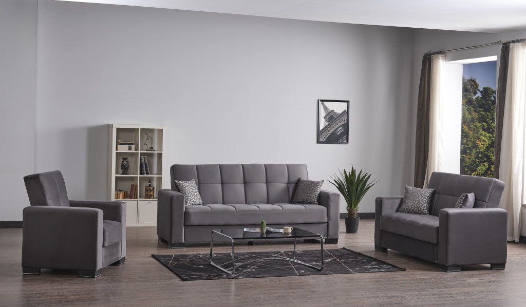 87" Gray Microfiber Convertible Futon Sleeper Sofa And Toss Pillows With Storage-Sofas-DECOROLALA