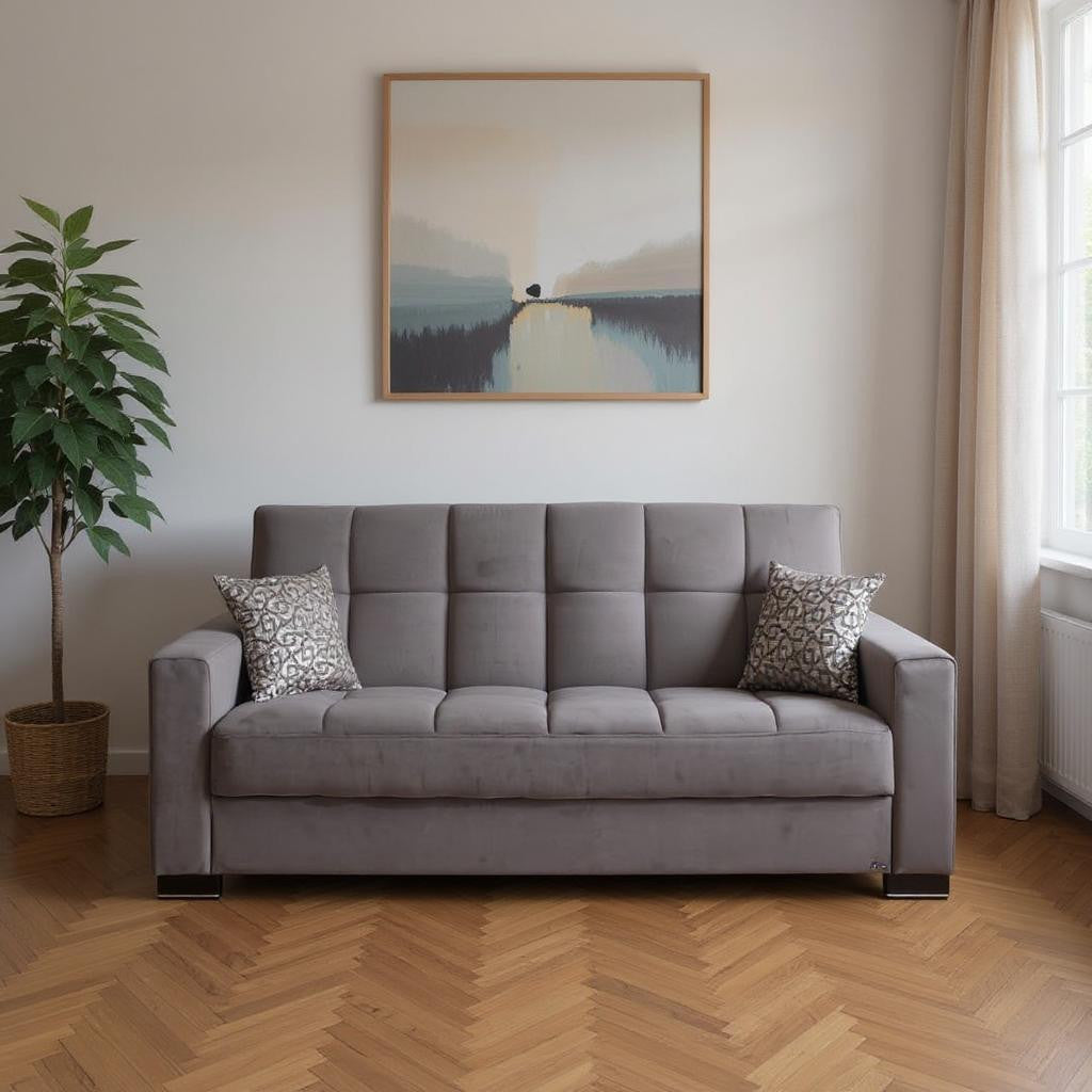 87" Gray Microfiber Convertible Futon Sleeper Sofa And Toss Pillows With Storage-Sofas-DECOROLALA