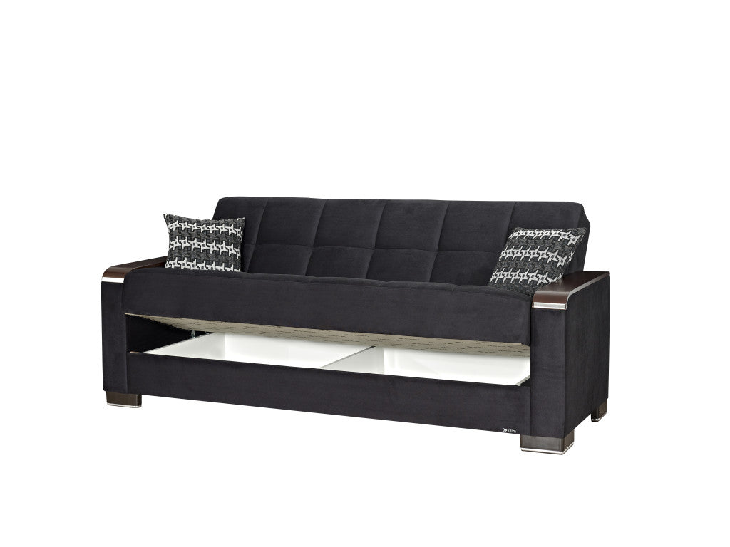 87" Black Microfiber Convertible Futon Sleeper Sofa And Toss Pillows With Storage-2