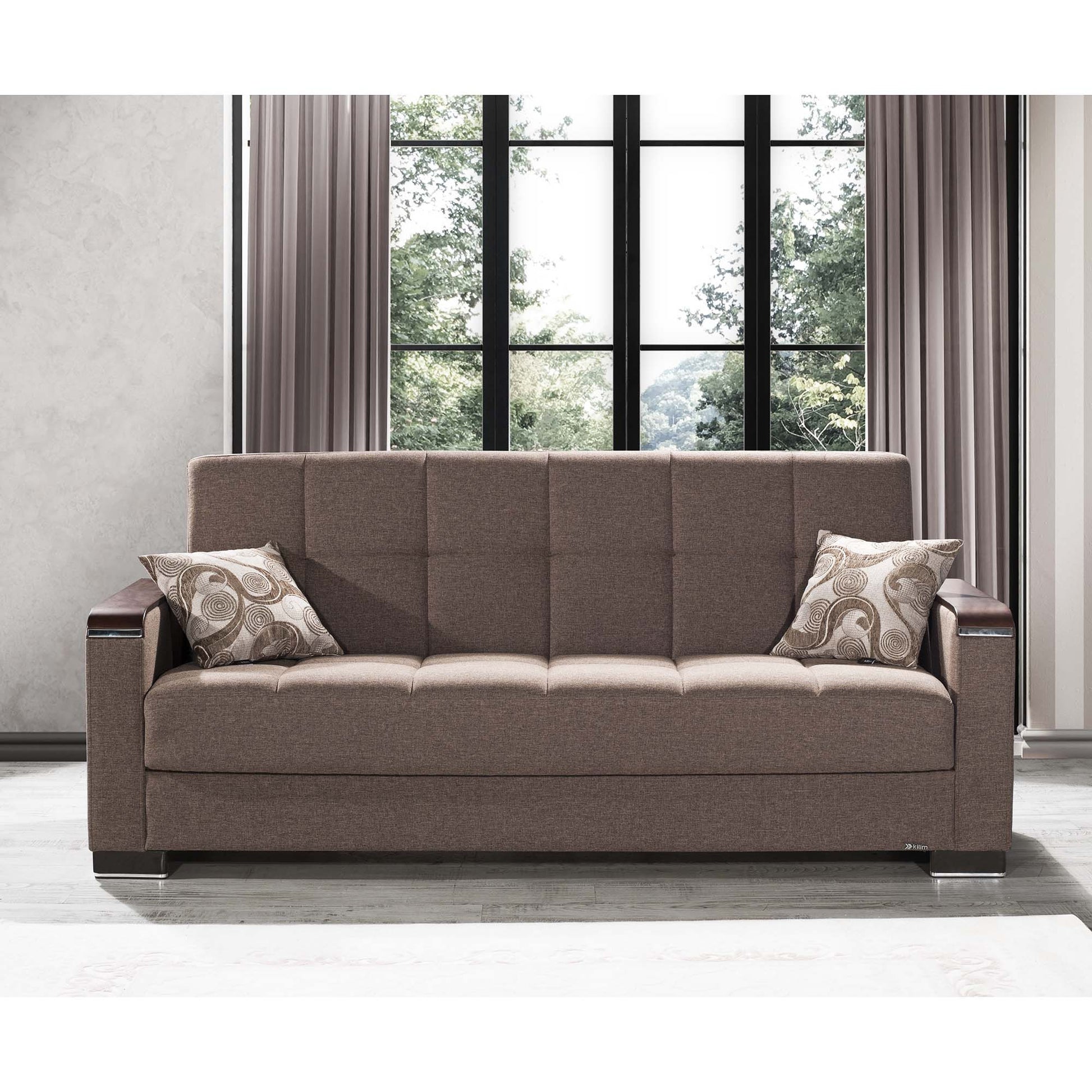 87" Brown Chenille Convertible Futon Sleeper Sofa And Toss Pillows With Storage-6