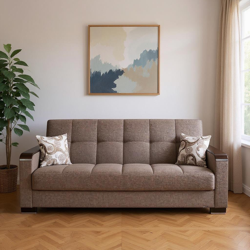 87" Brown Chenille Convertible Futon Sleeper Sofa And Toss Pillows With Storage-0