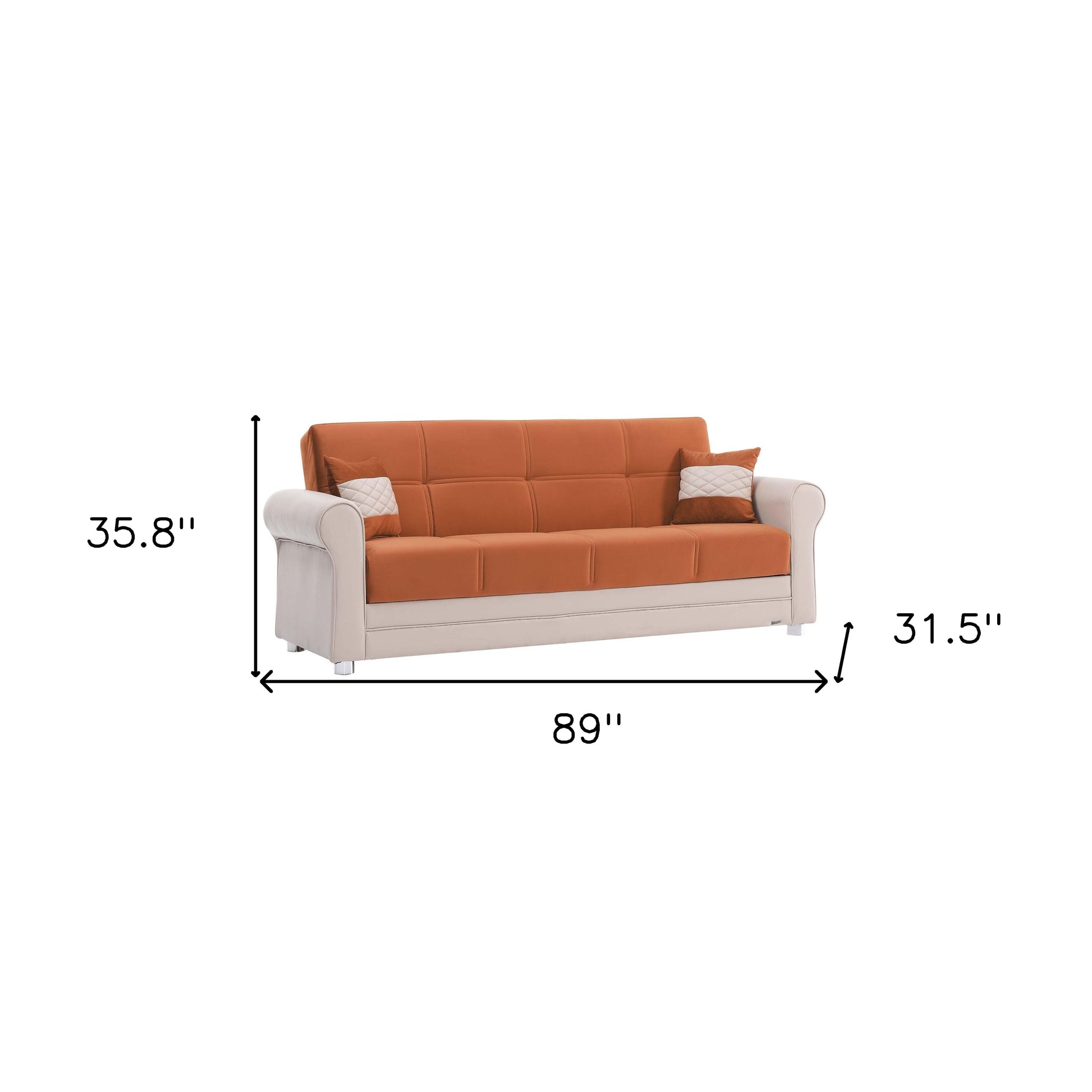 89" Orange Polyester Convertible Futon Sleeper Sofa And Toss Pillows With Storage-7