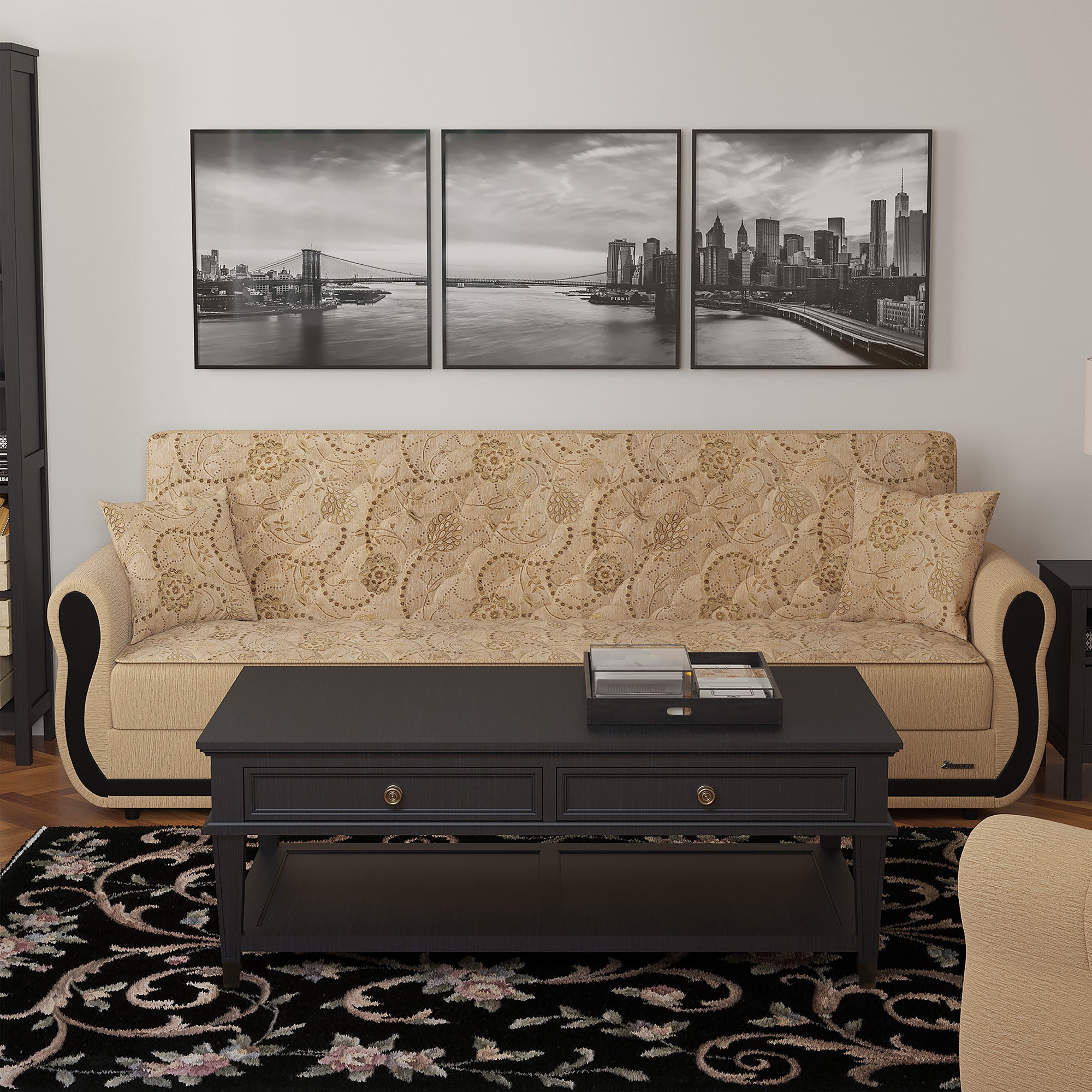 90" Beige Chenille Convertible Futon Sleeper Sofa And Toss Pillows With Storage-6