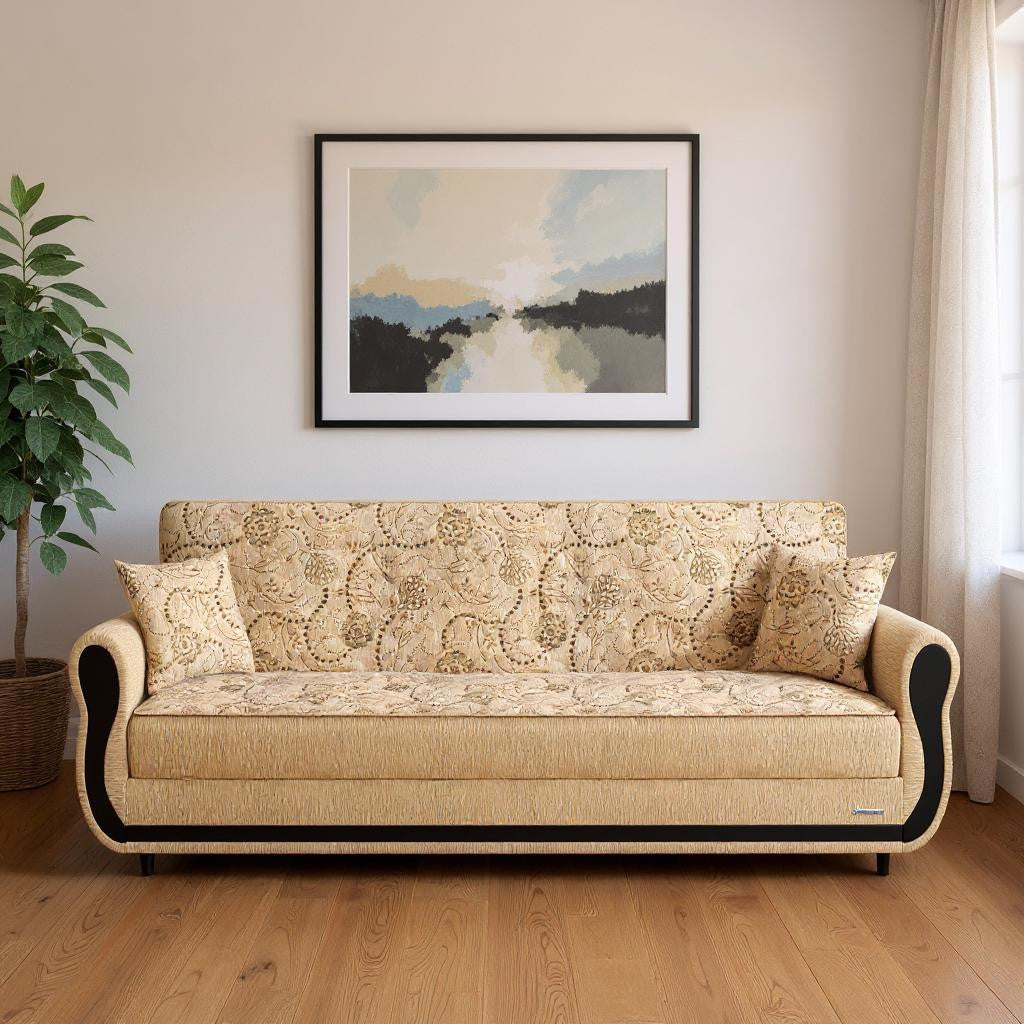 90" Beige Chenille Convertible Futon Sleeper Sofa And Toss Pillows With Storage-0