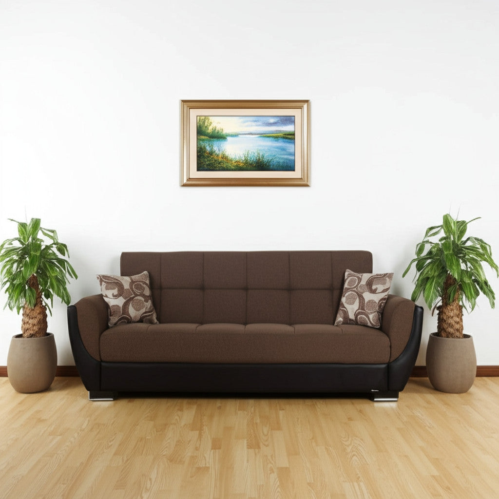 93" Brown Chenille And Faux Leather Convertible Futon Sleeper Sofa And Toss Pillows With Storage-0