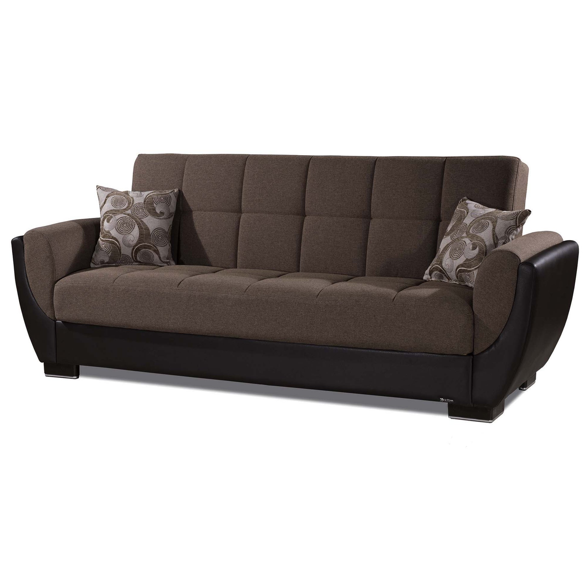 93" Brown Chenille And Faux Leather Convertible Futon Sleeper Sofa And Toss Pillows With Storage-1