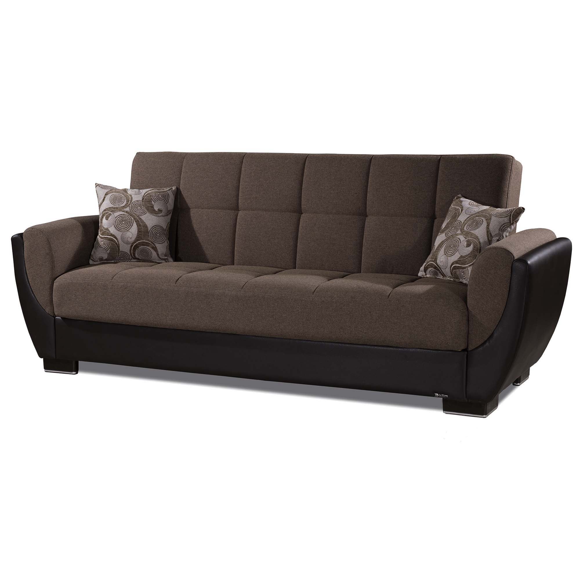 93" Brown Chenille And Faux Leather Convertible Futon Sleeper Sofa And Toss Pillows With Storage-1