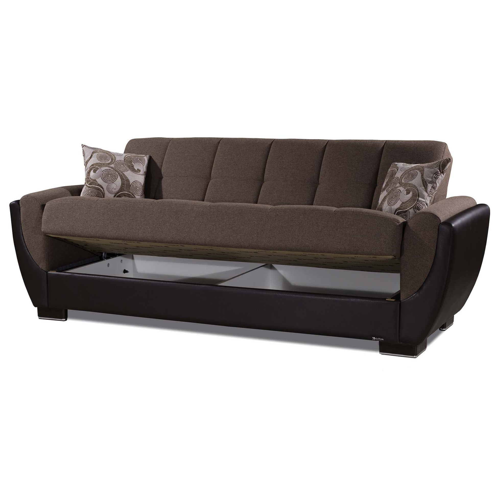 93" Brown Chenille And Faux Leather Convertible Futon Sleeper Sofa And Toss Pillows With Storage-2