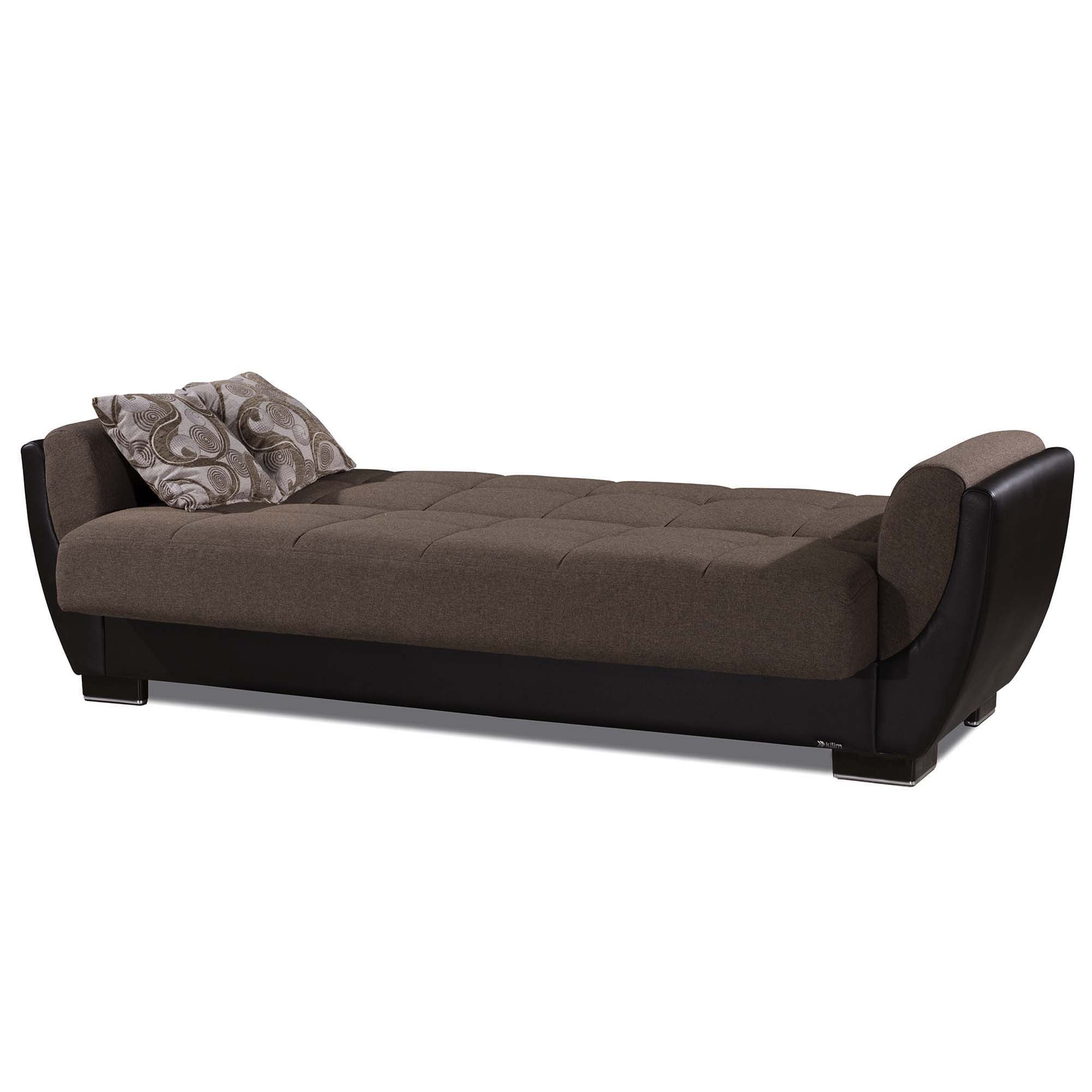 93" Brown Chenille And Faux Leather Convertible Futon Sleeper Sofa And Toss Pillows With Storage-3