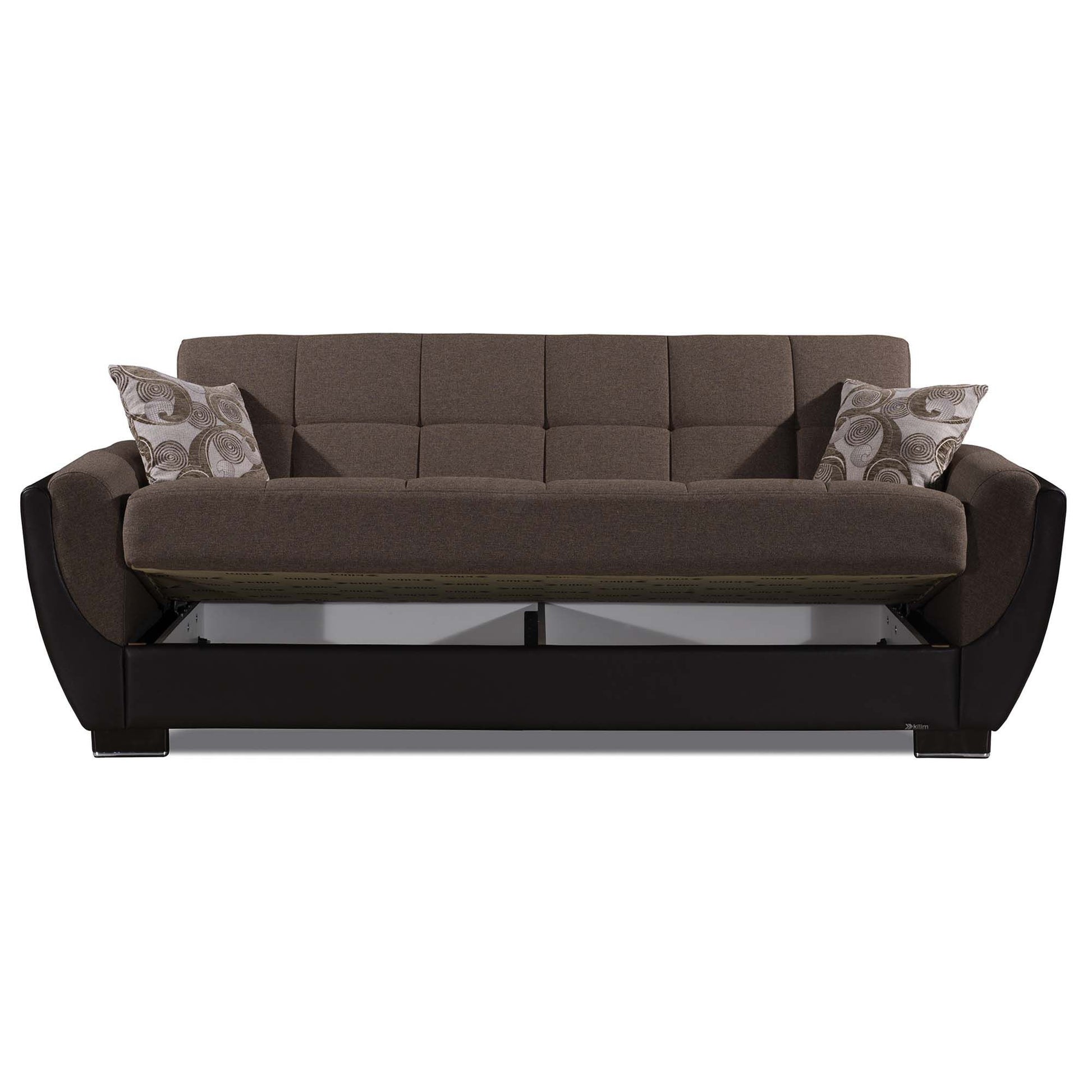 93" Brown Chenille And Faux Leather Convertible Futon Sleeper Sofa And Toss Pillows With Storage-6
