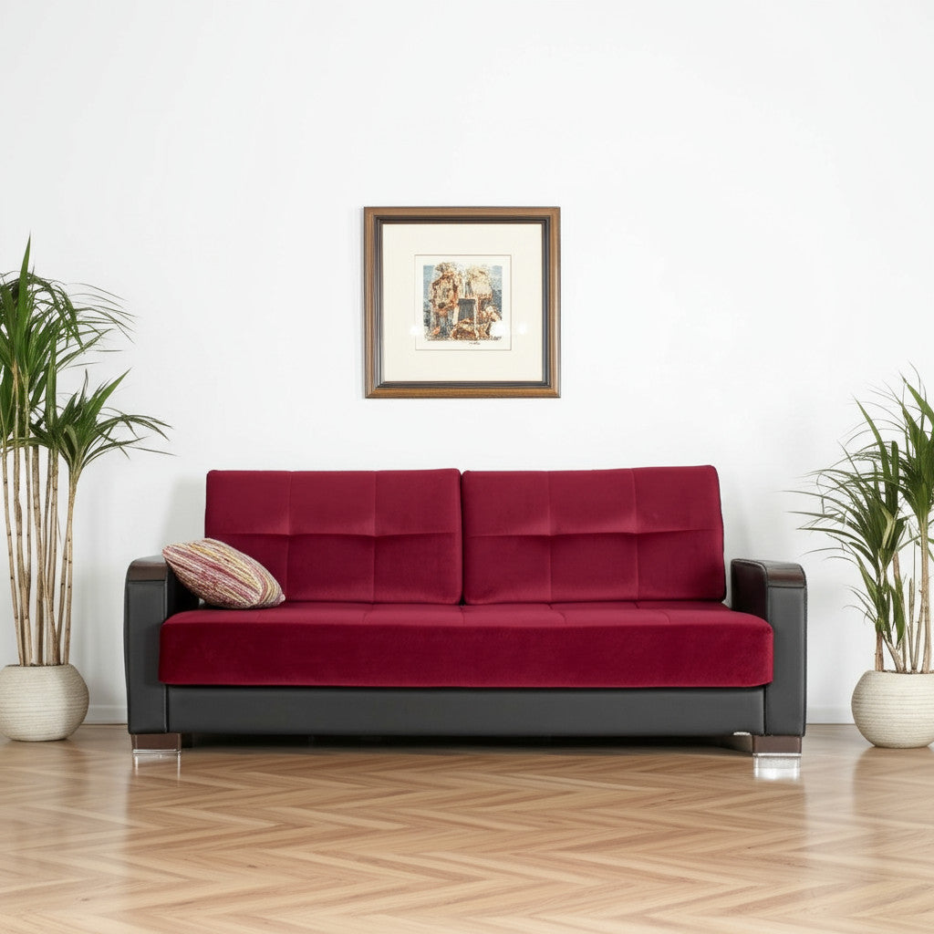 87" Burgundy Microfiber And Faux Leather Convertible Futon Sleeper Sofa And Toss Pillows With Storage-0