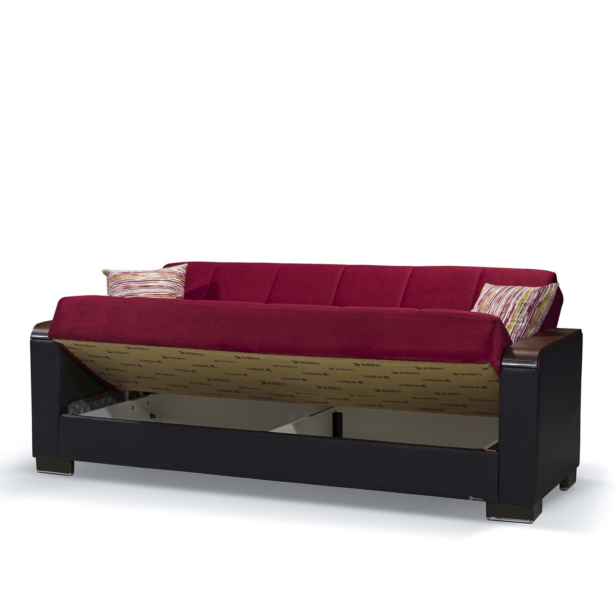 87" Burgundy Microfiber And Faux Leather Convertible Futon Sleeper Sofa And Toss Pillows With Storage-2