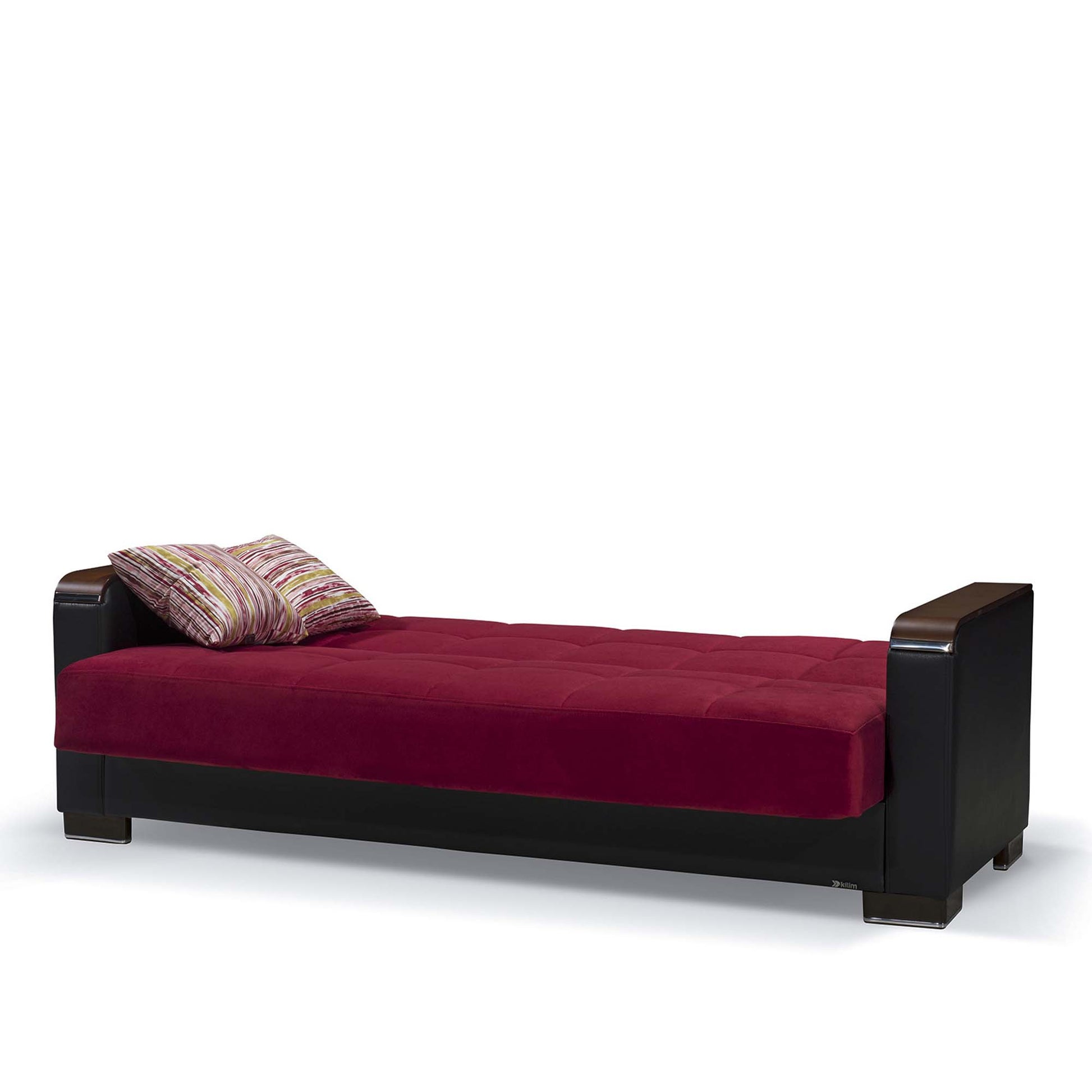 87" Burgundy Microfiber And Faux Leather Convertible Futon Sleeper Sofa And Toss Pillows With Storage-3