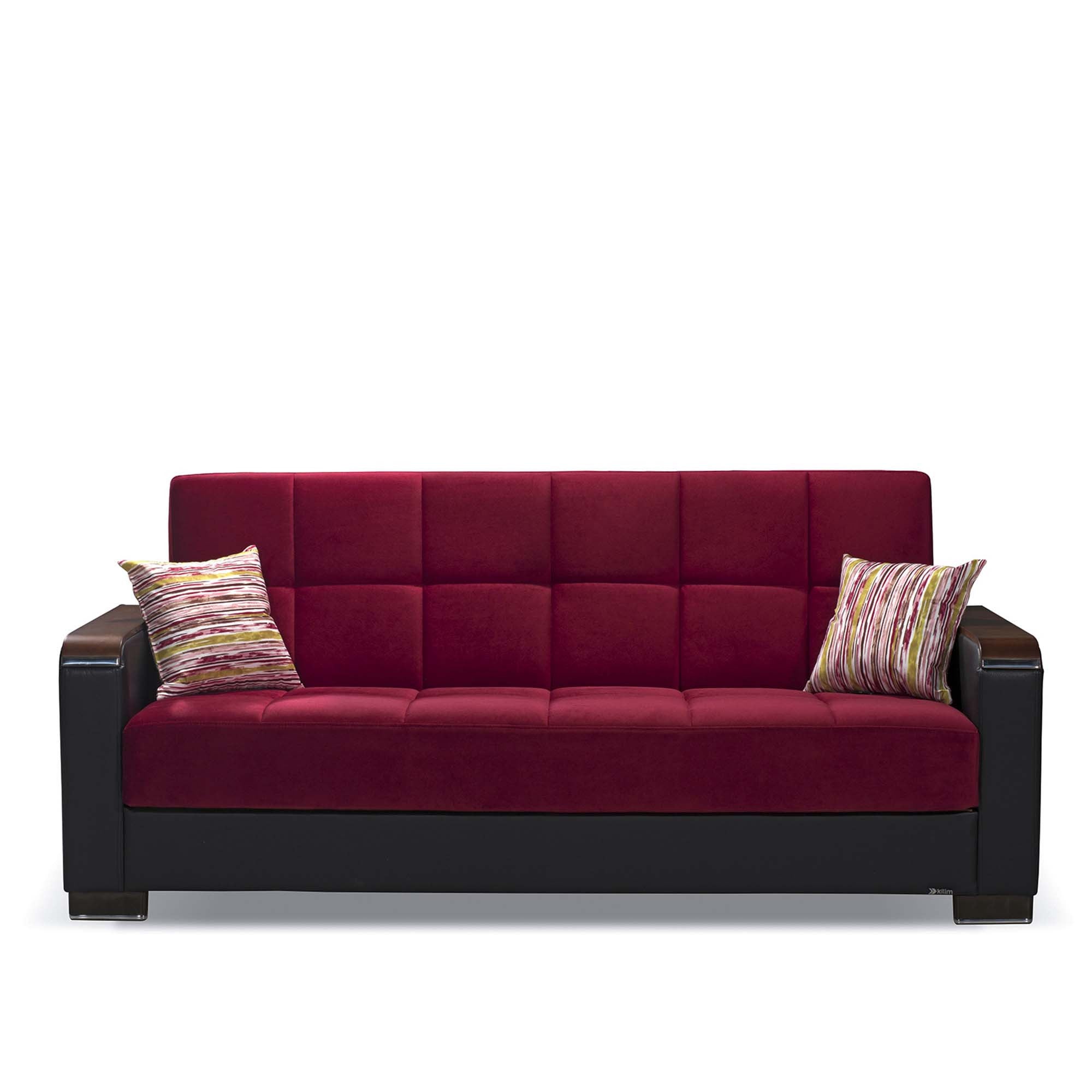 87" Burgundy Microfiber And Faux Leather Convertible Futon Sleeper Sofa And Toss Pillows With Storage-5