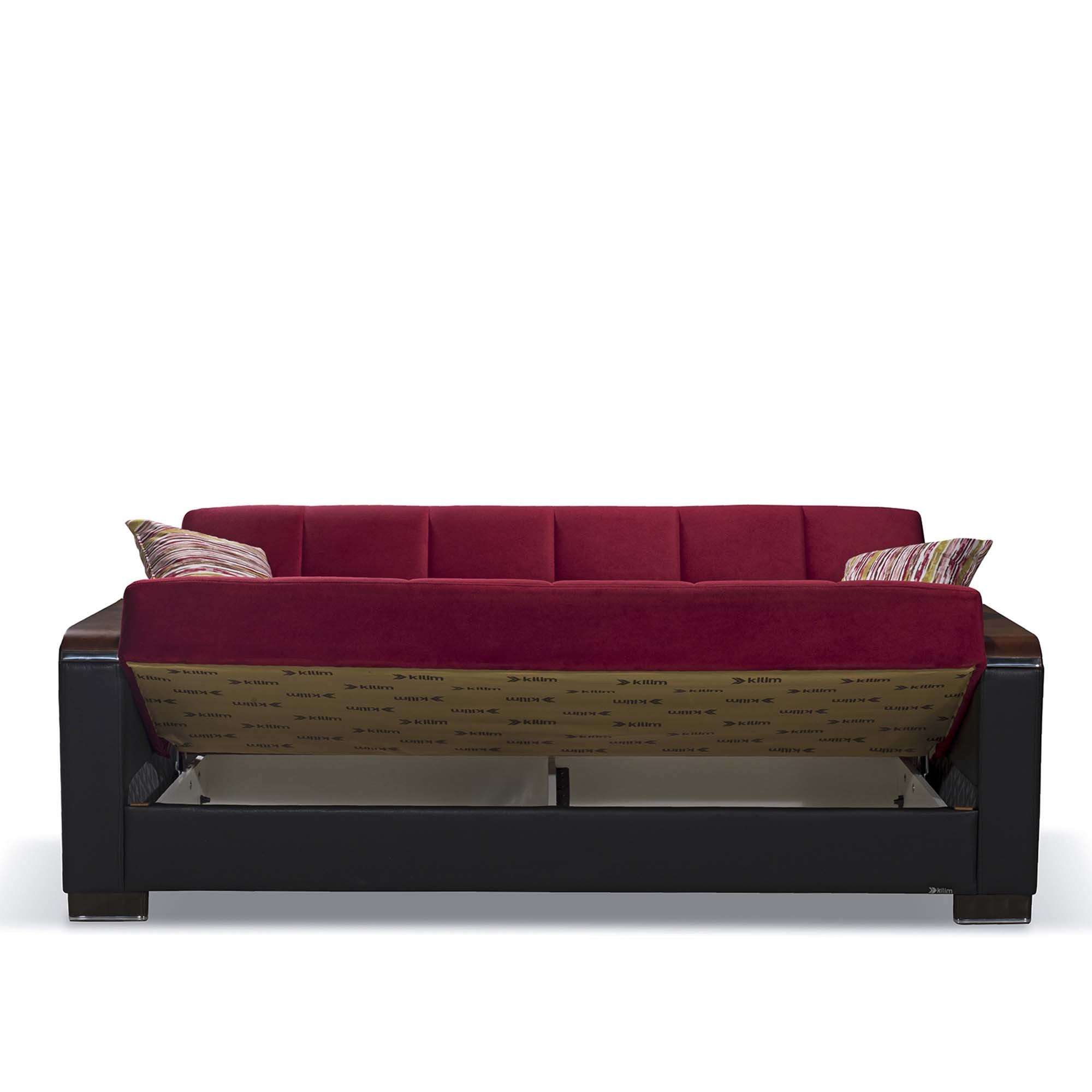87" Burgundy Microfiber And Faux Leather Convertible Futon Sleeper Sofa And Toss Pillows With Storage-6