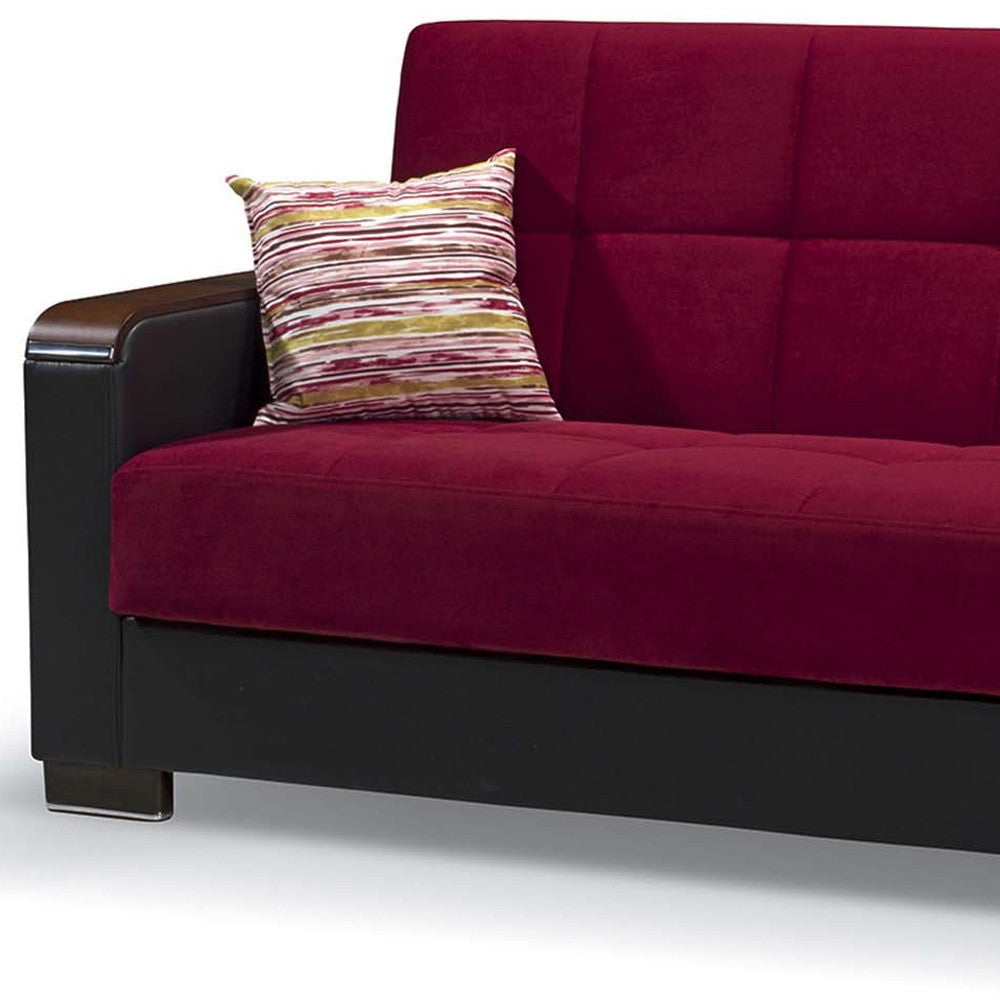 87" Burgundy Microfiber And Faux Leather Convertible Futon Sleeper Sofa And Toss Pillows With Storage-8