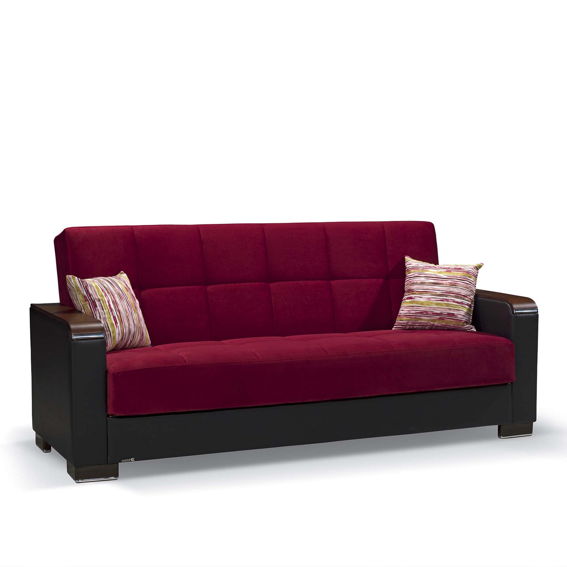 87" Burgundy Microfiber And Faux Leather Convertible Futon Sleeper Sofa And Toss Pillows With Storage-7
