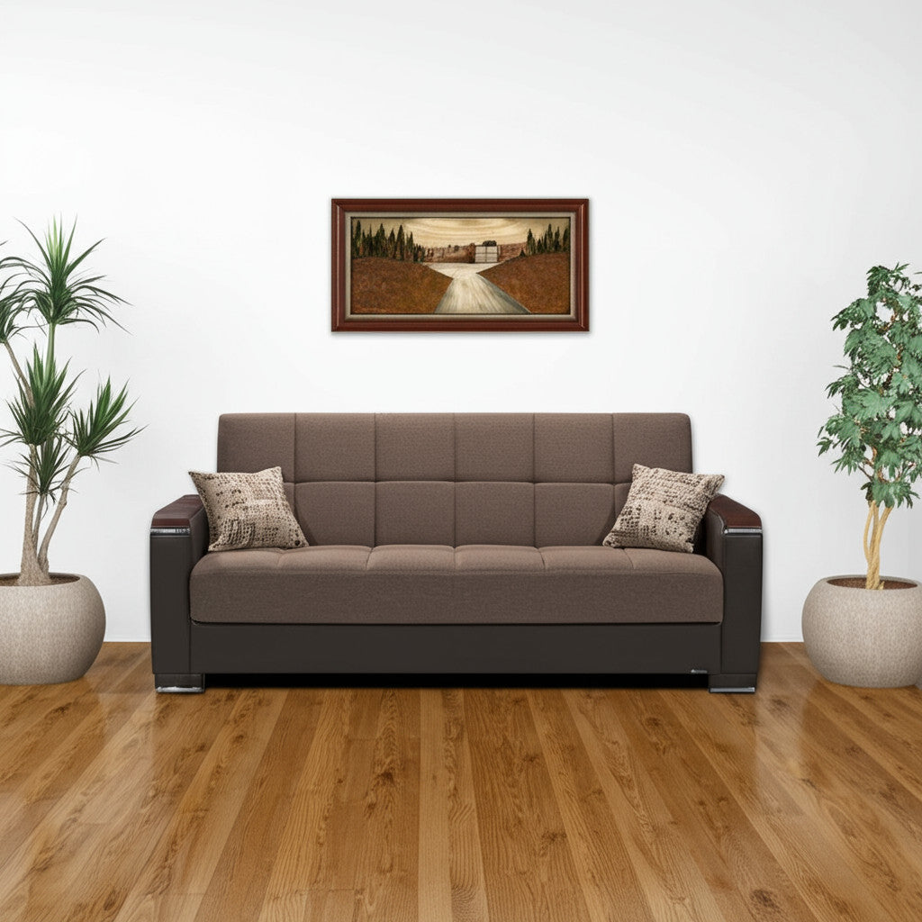 87" Brown Chenille And Faux Leather Convertible Futon Sleeper Sofa And Toss Pillows With Storage-0