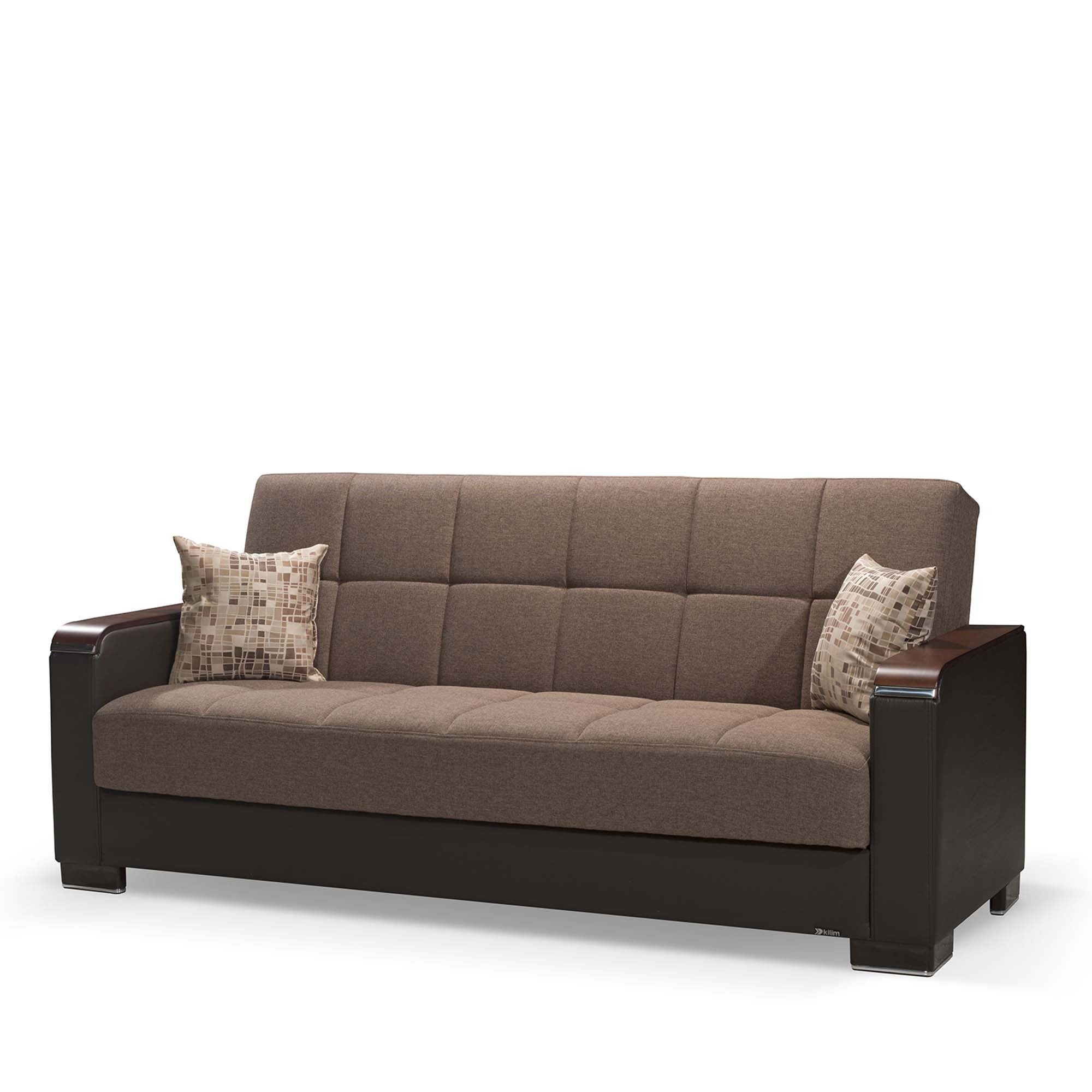 87" Brown Chenille And Faux Leather Convertible Futon Sleeper Sofa And Toss Pillows With Storage-1