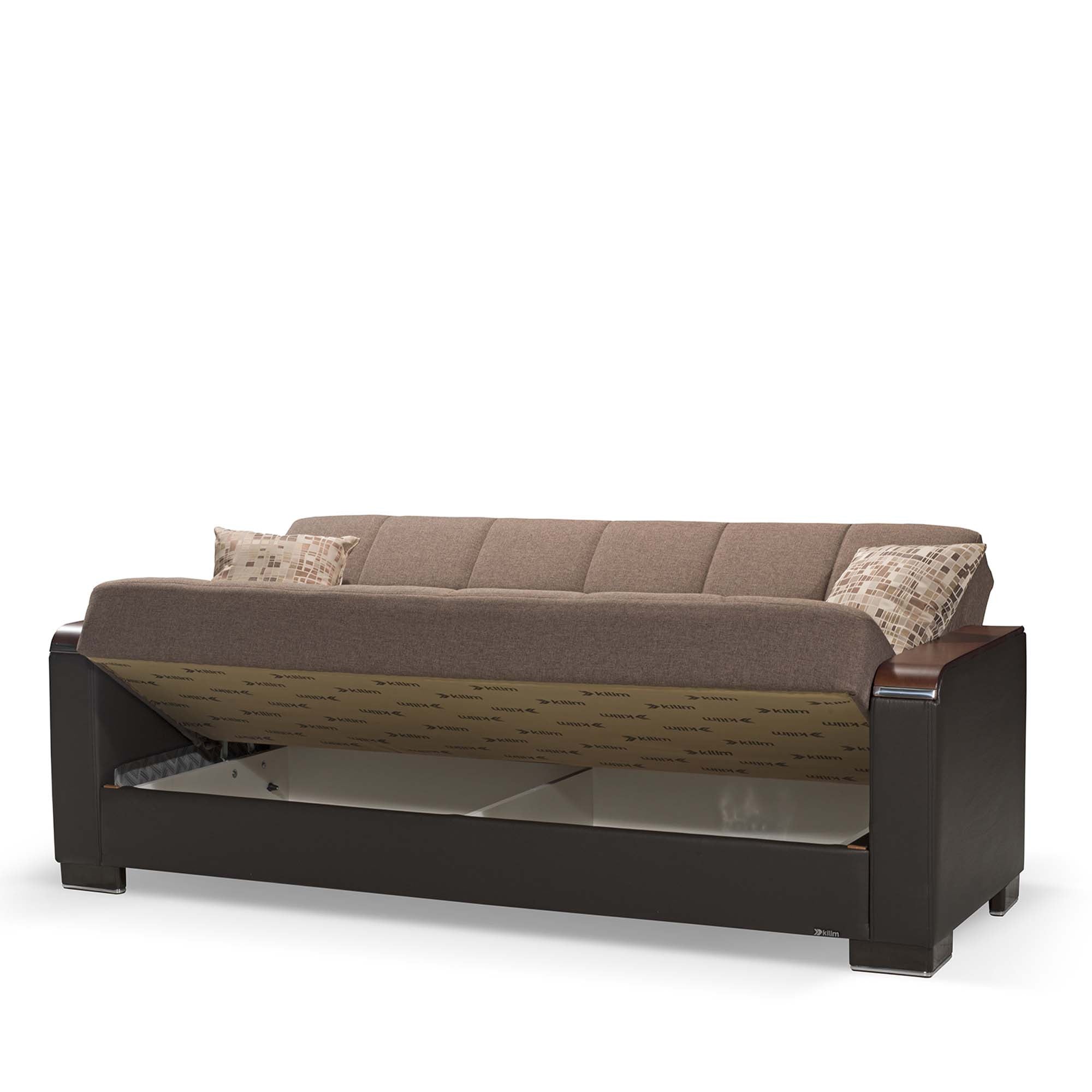 87" Brown Chenille And Faux Leather Convertible Futon Sleeper Sofa And Toss Pillows With Storage-2
