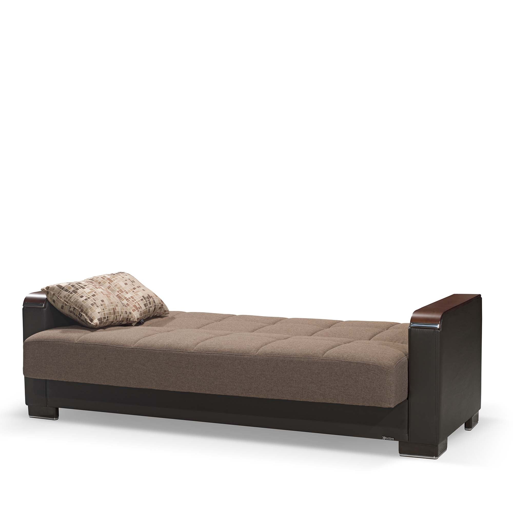87" Brown Chenille And Faux Leather Convertible Futon Sleeper Sofa And Toss Pillows With Storage-3