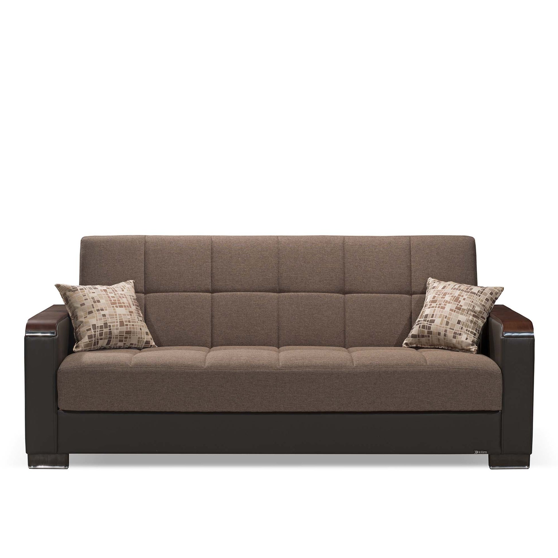 87" Brown Chenille And Faux Leather Convertible Futon Sleeper Sofa And Toss Pillows With Storage-4