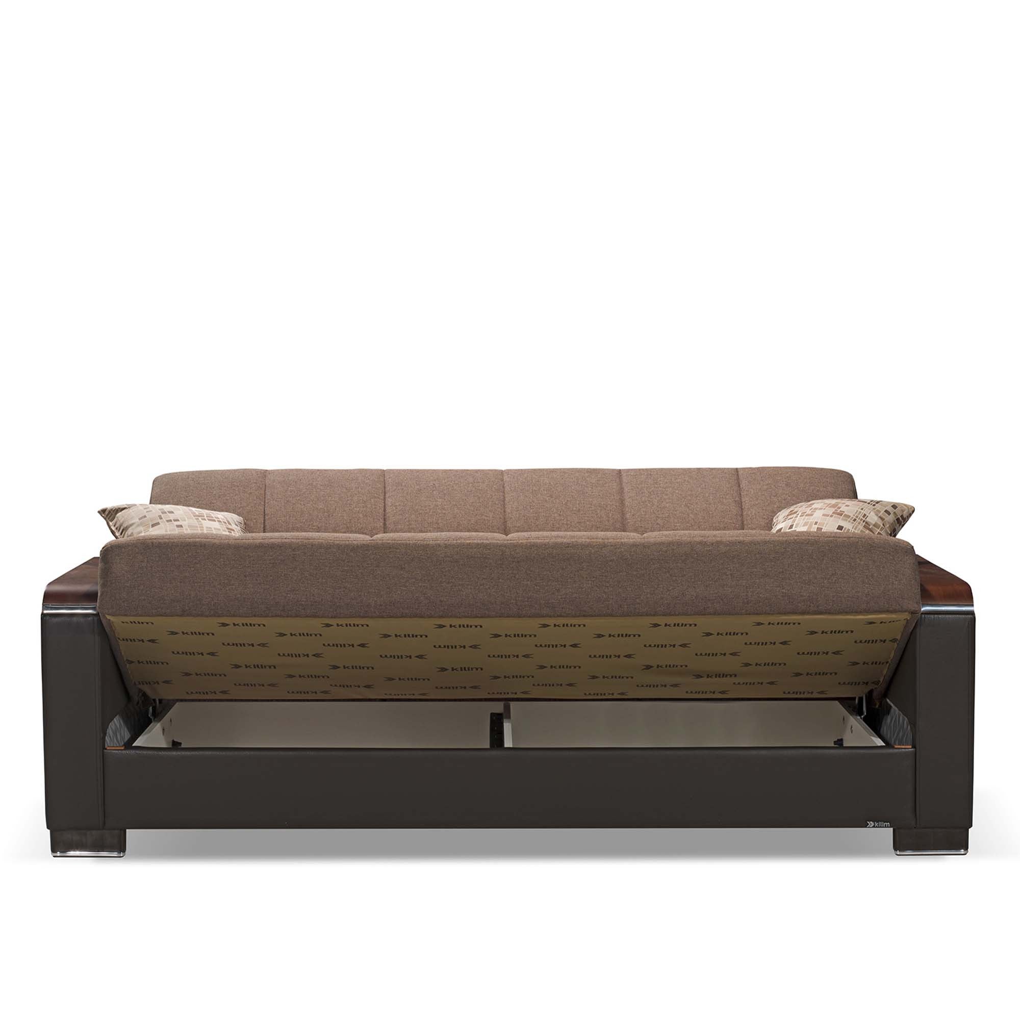87" Brown Chenille And Faux Leather Convertible Futon Sleeper Sofa And Toss Pillows With Storage-5