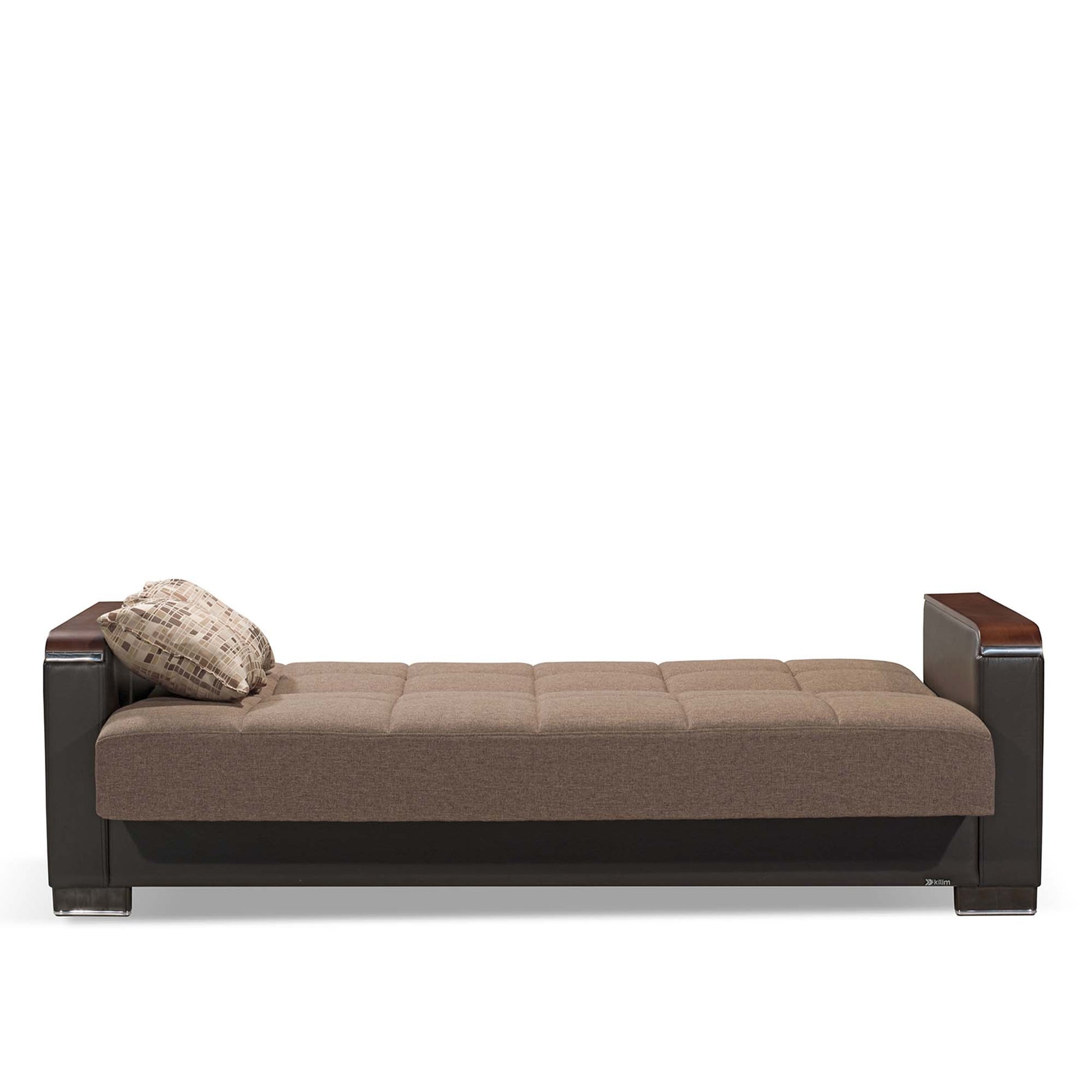87" Brown Chenille And Faux Leather Convertible Futon Sleeper Sofa And Toss Pillows With Storage-6