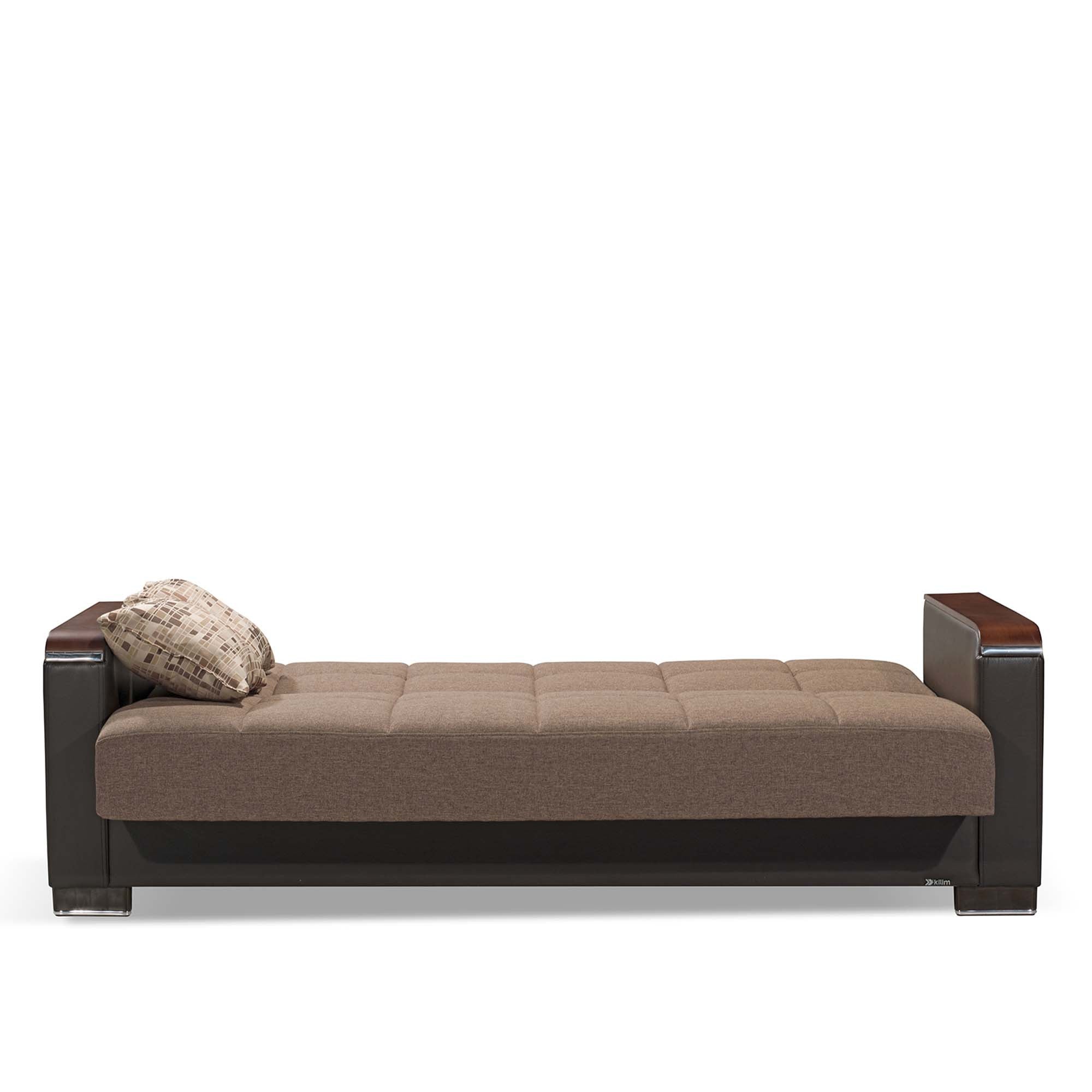 87" Brown Chenille And Faux Leather Convertible Futon Sleeper Sofa And Toss Pillows With Storage-6
