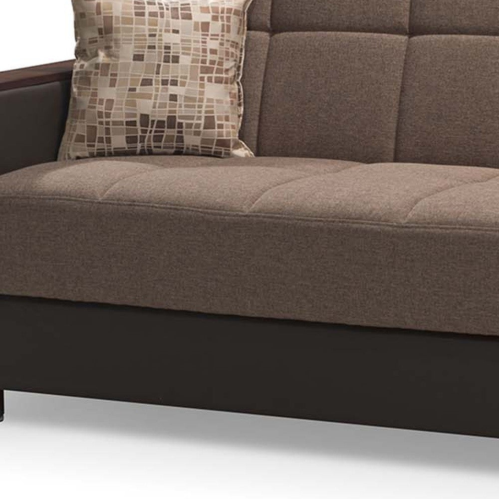 87" Brown Chenille And Faux Leather Convertible Futon Sleeper Sofa And Toss Pillows With Storage-7