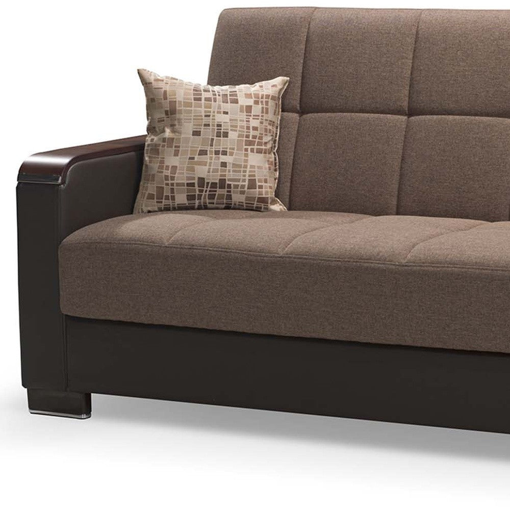 87" Brown Chenille And Faux Leather Convertible Futon Sleeper Sofa And Toss Pillows With Storage-8