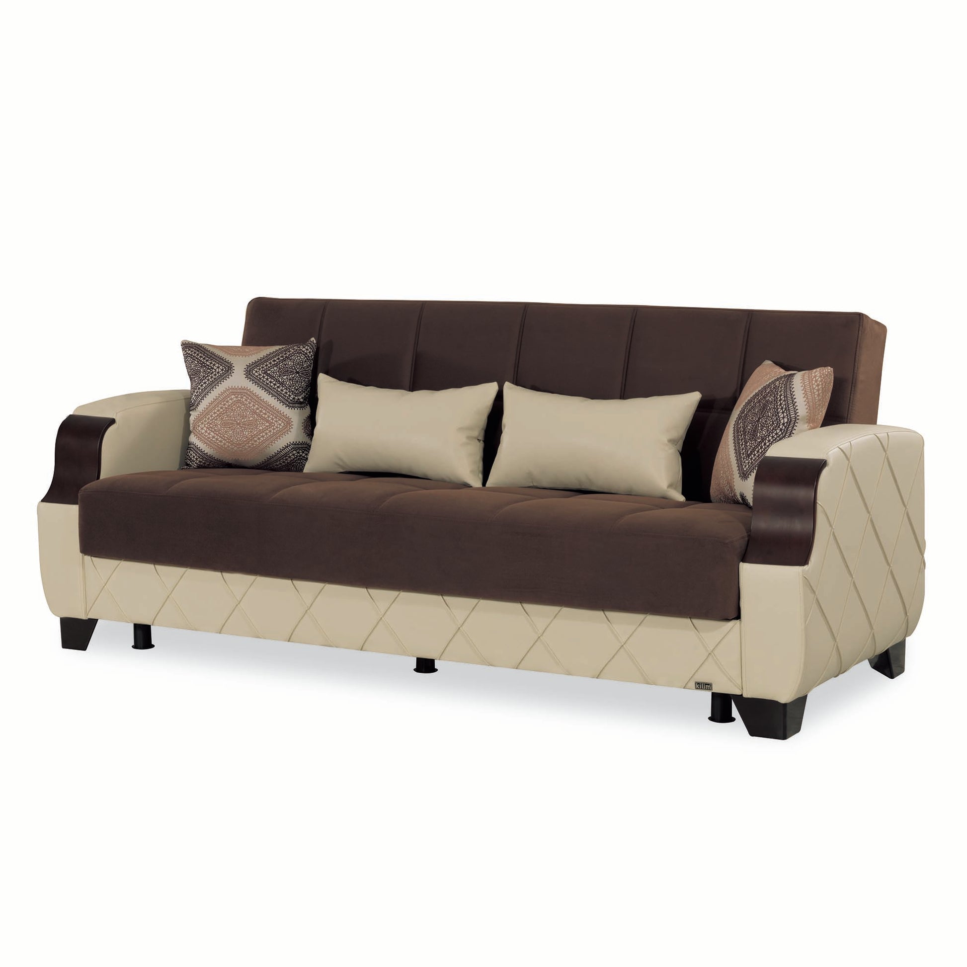 89" Brown And Cream Microsuede And Faux Leather Convertible Futon Sleeper Sofa And Toss Pillows With Storage-8
