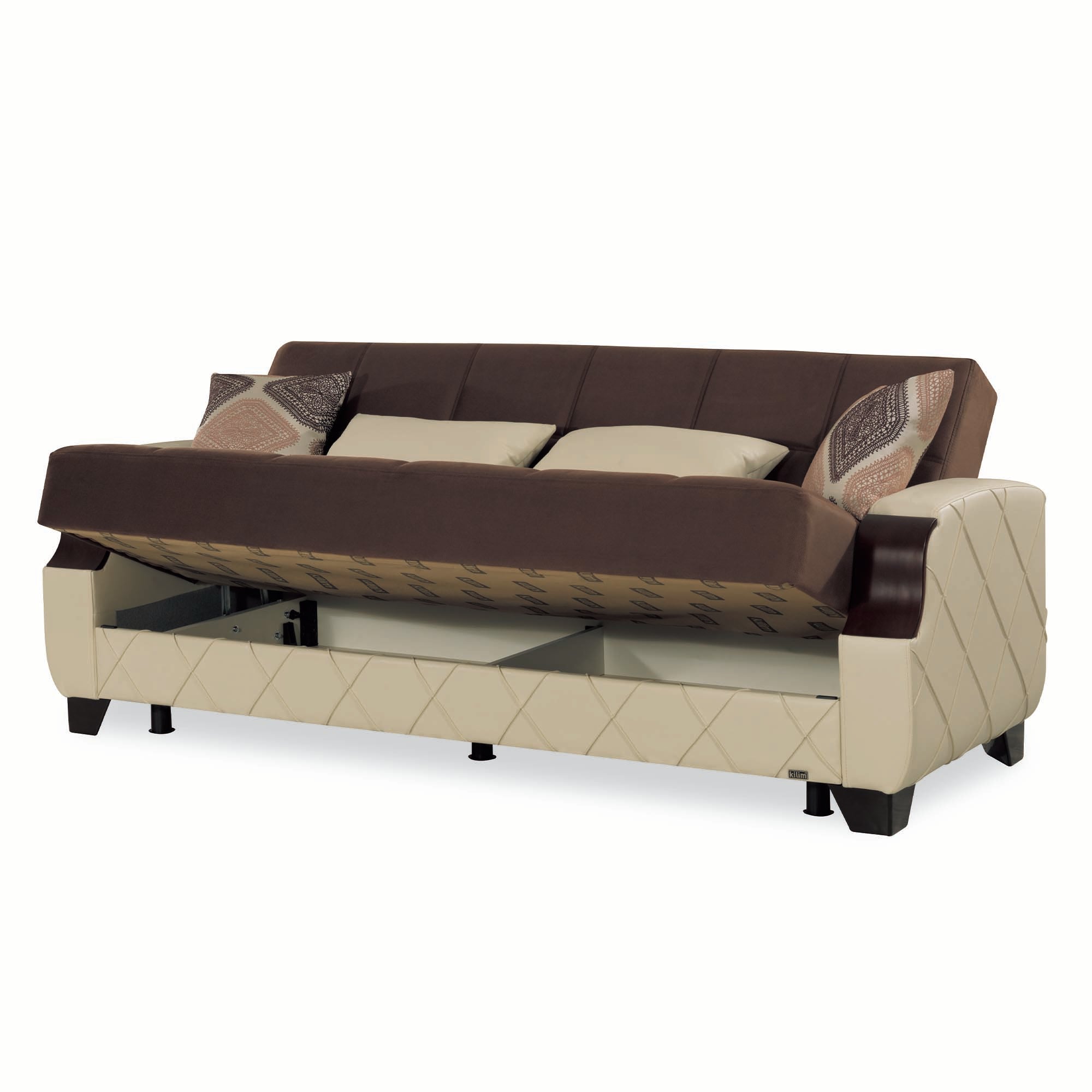 89" Brown And Cream Microsuede And Faux Leather Convertible Futon Sleeper Sofa And Toss Pillows With Storage-1