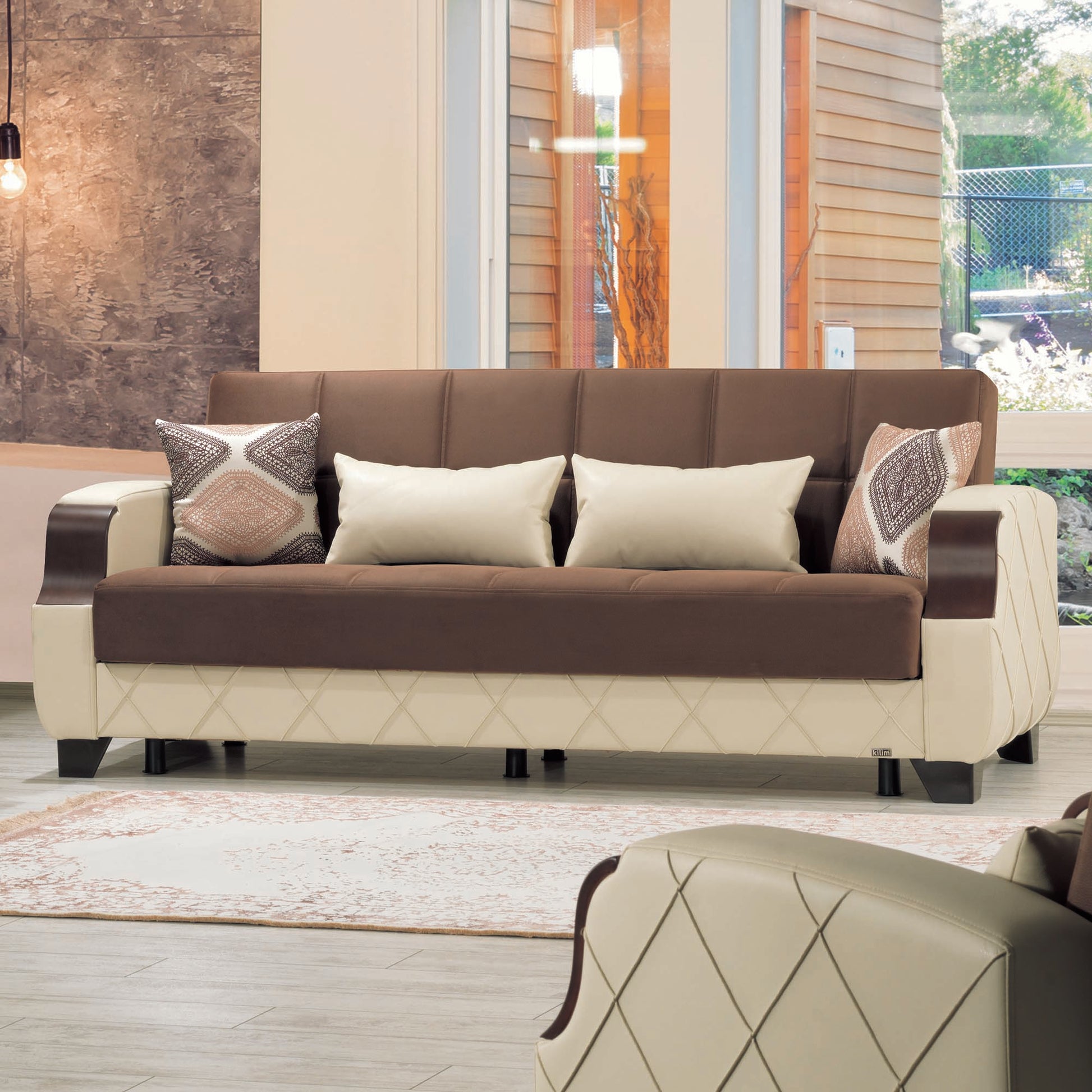 89" Brown And Cream Microsuede And Faux Leather Convertible Futon Sleeper Sofa And Toss Pillows With Storage-5