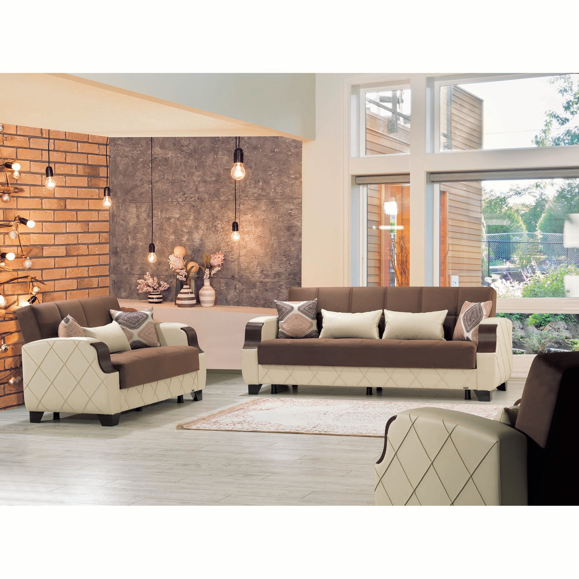 89" Brown And Cream Microsuede And Faux Leather Convertible Futon Sleeper Sofa And Toss Pillows With Storage-6