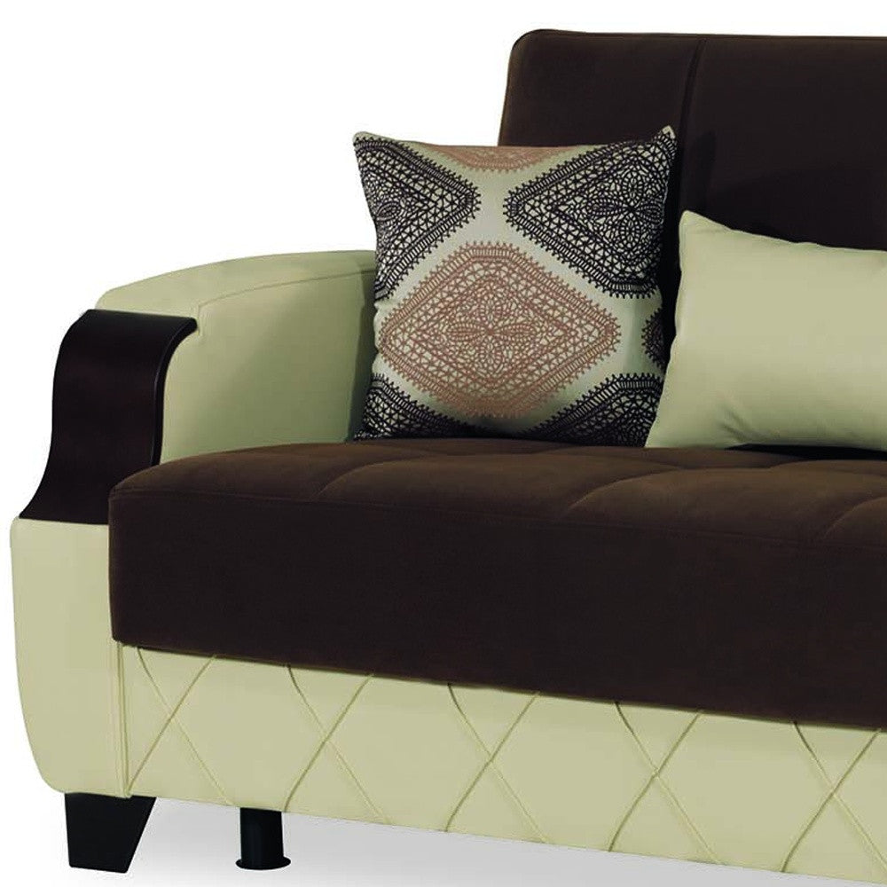 89" Brown And Cream Microsuede And Faux Leather Convertible Futon Sleeper Sofa And Toss Pillows With Storage-3