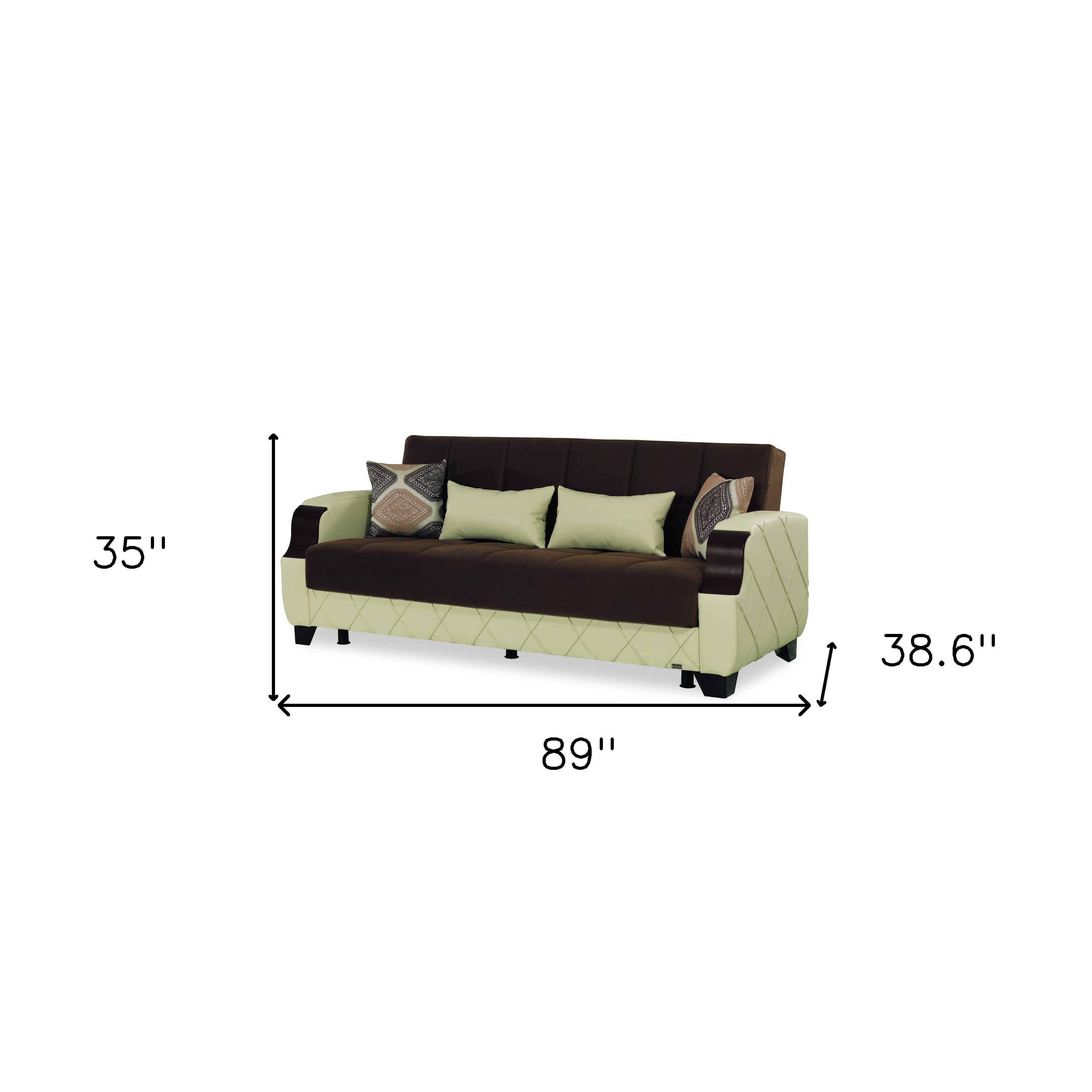 89" Brown And Cream Microsuede And Faux Leather Convertible Futon Sleeper Sofa And Toss Pillows With Storage-7