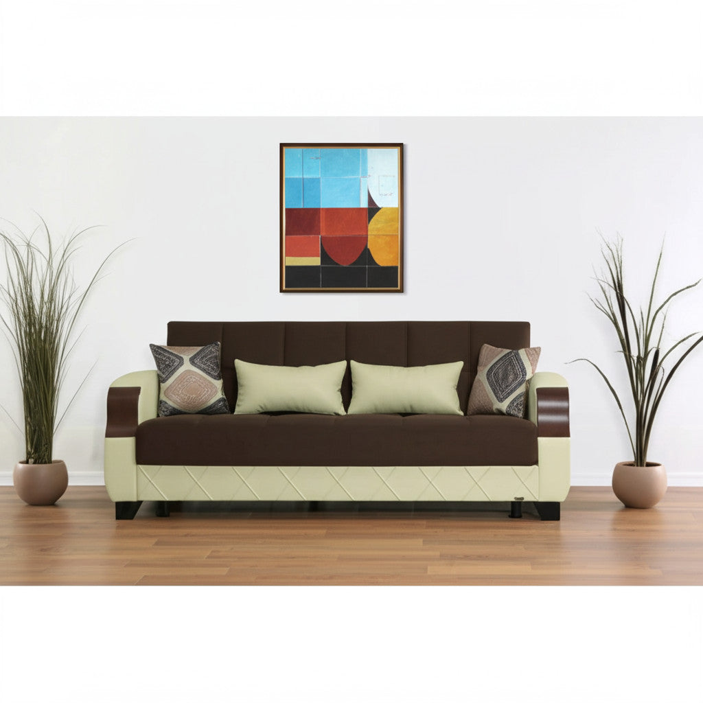 89" Brown And Cream Microsuede And Faux Leather Convertible Futon Sleeper Sofa And Toss Pillows With Storage-0